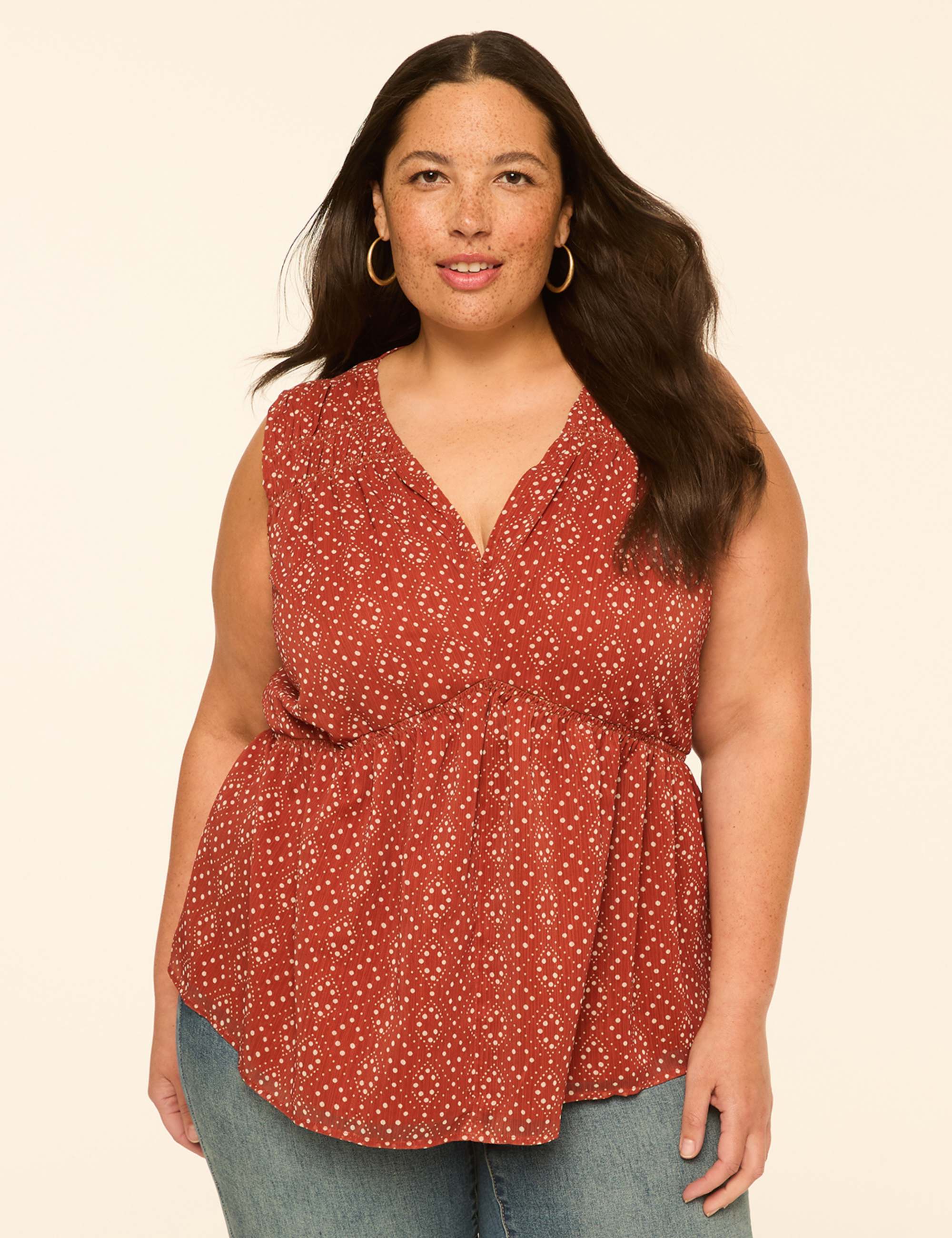 Smocked-Yoke V-Neck Tank