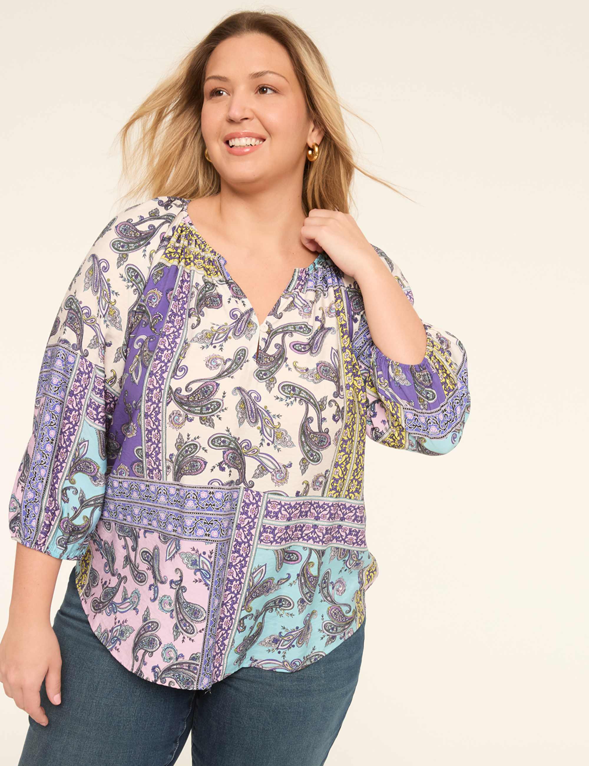 3/4-Sleeve Popover Blouse