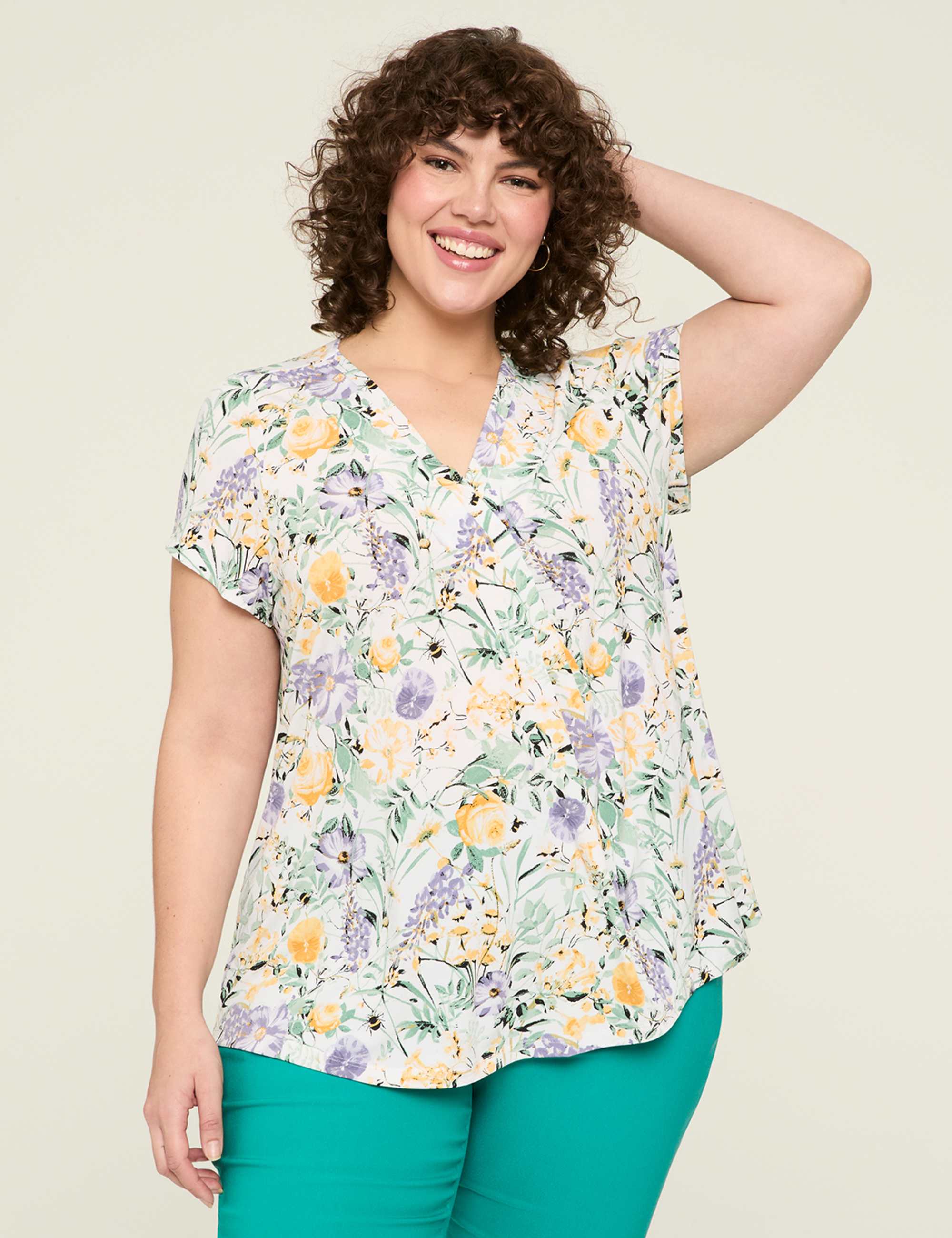 Cap-Sleeve Pleat-Front Top
