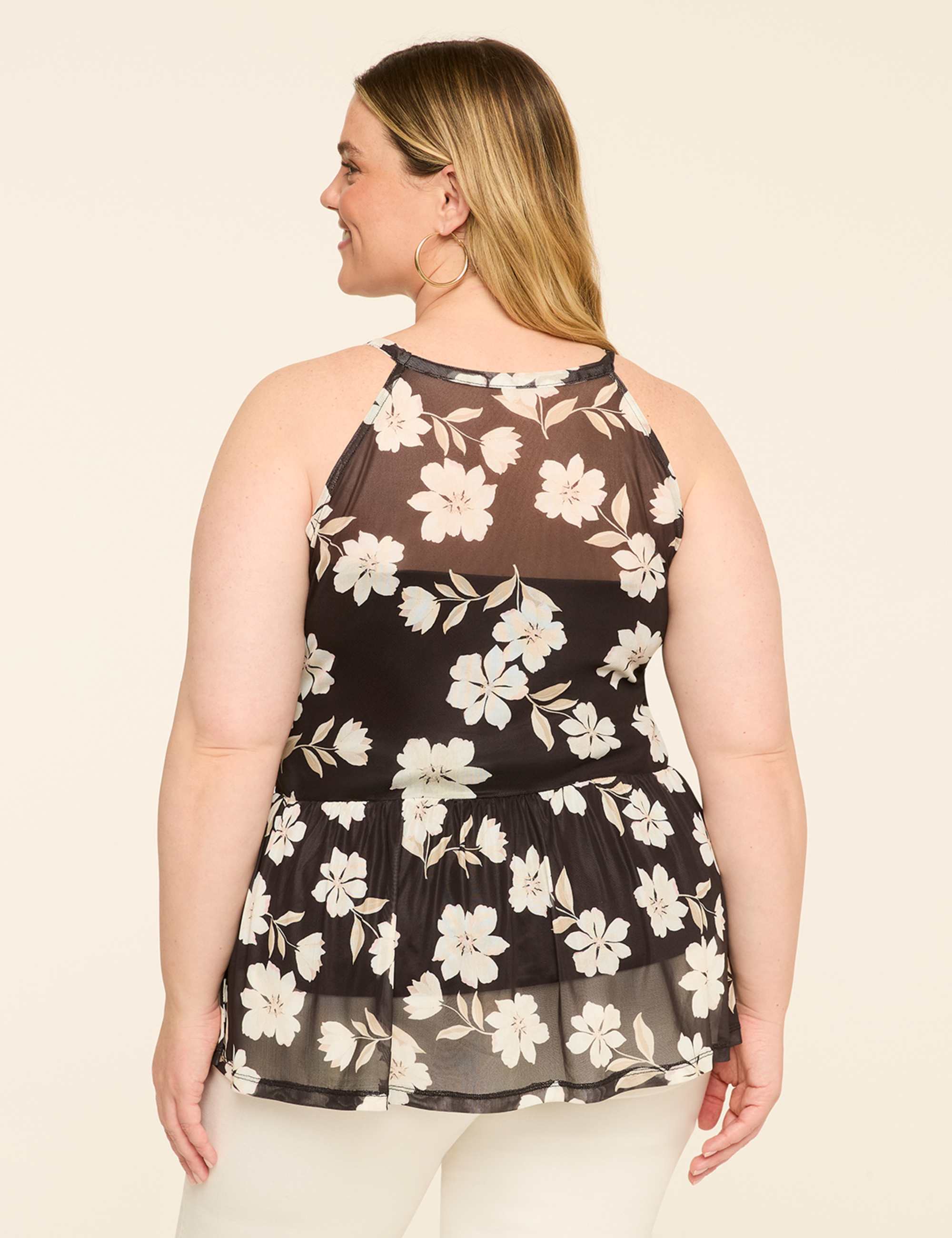 Mesh Halter-Neck Smocked Peplum Top