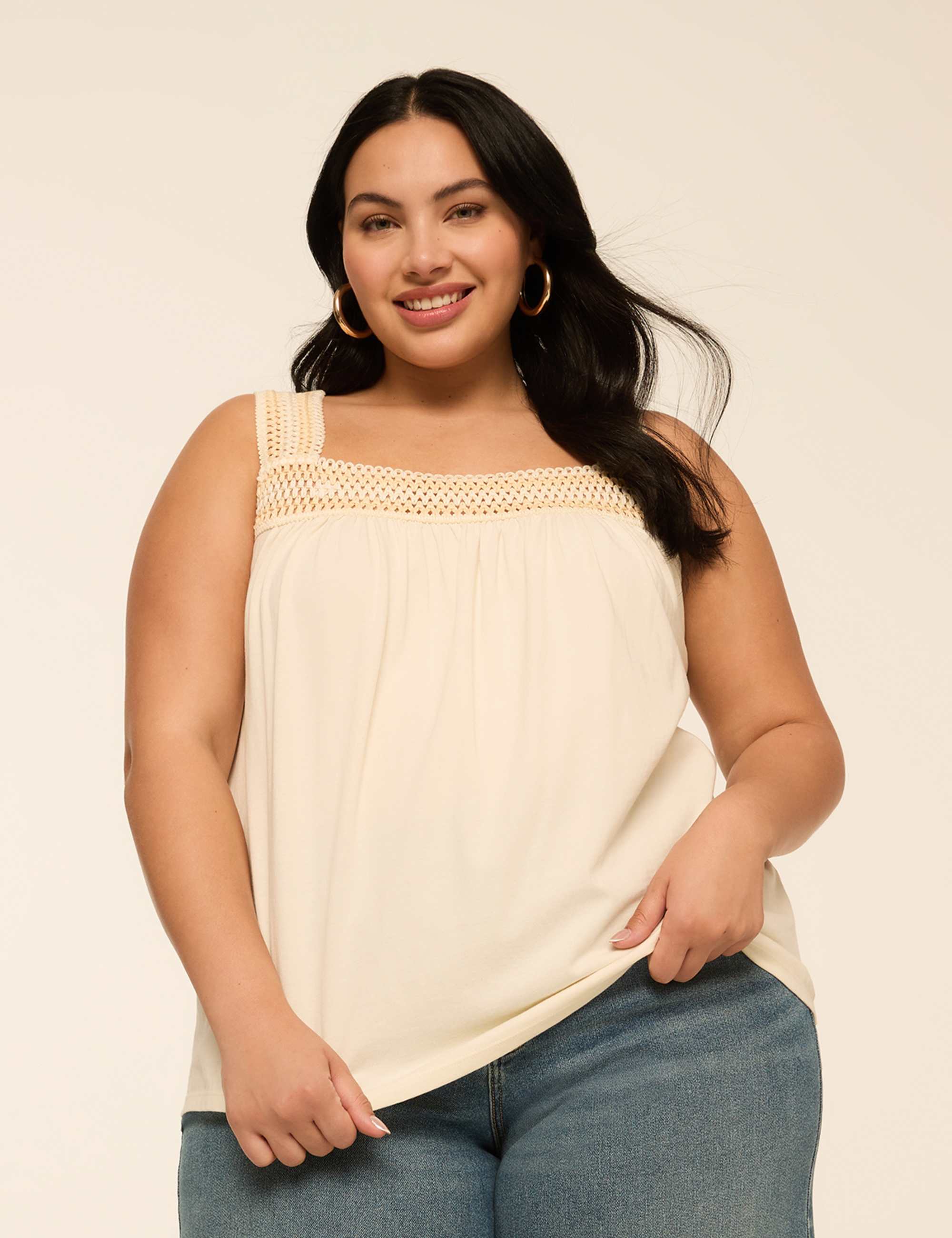 Square-Neck Crochet-Trim Tank