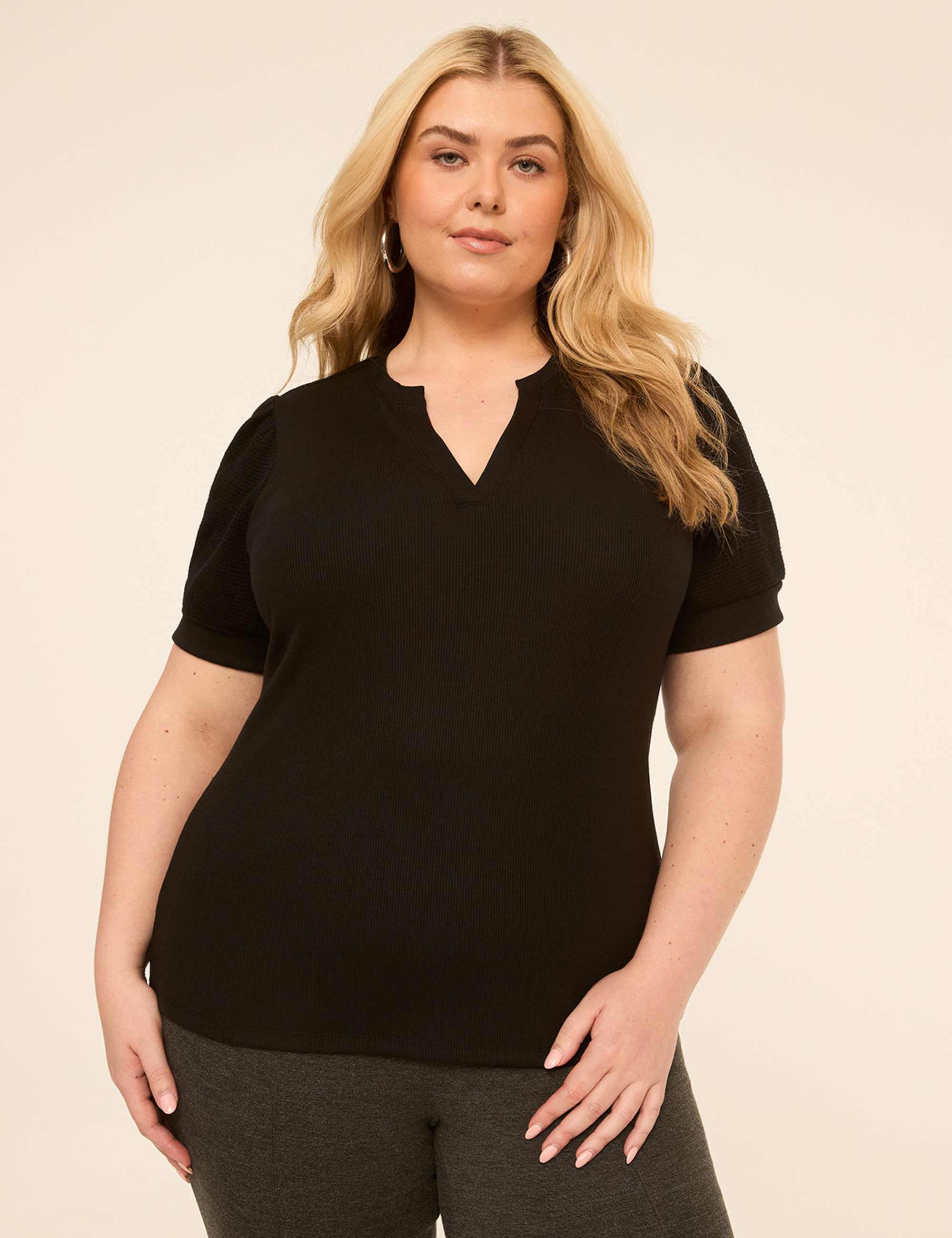 Puff-Sleeve Notch-Neck Rib Top