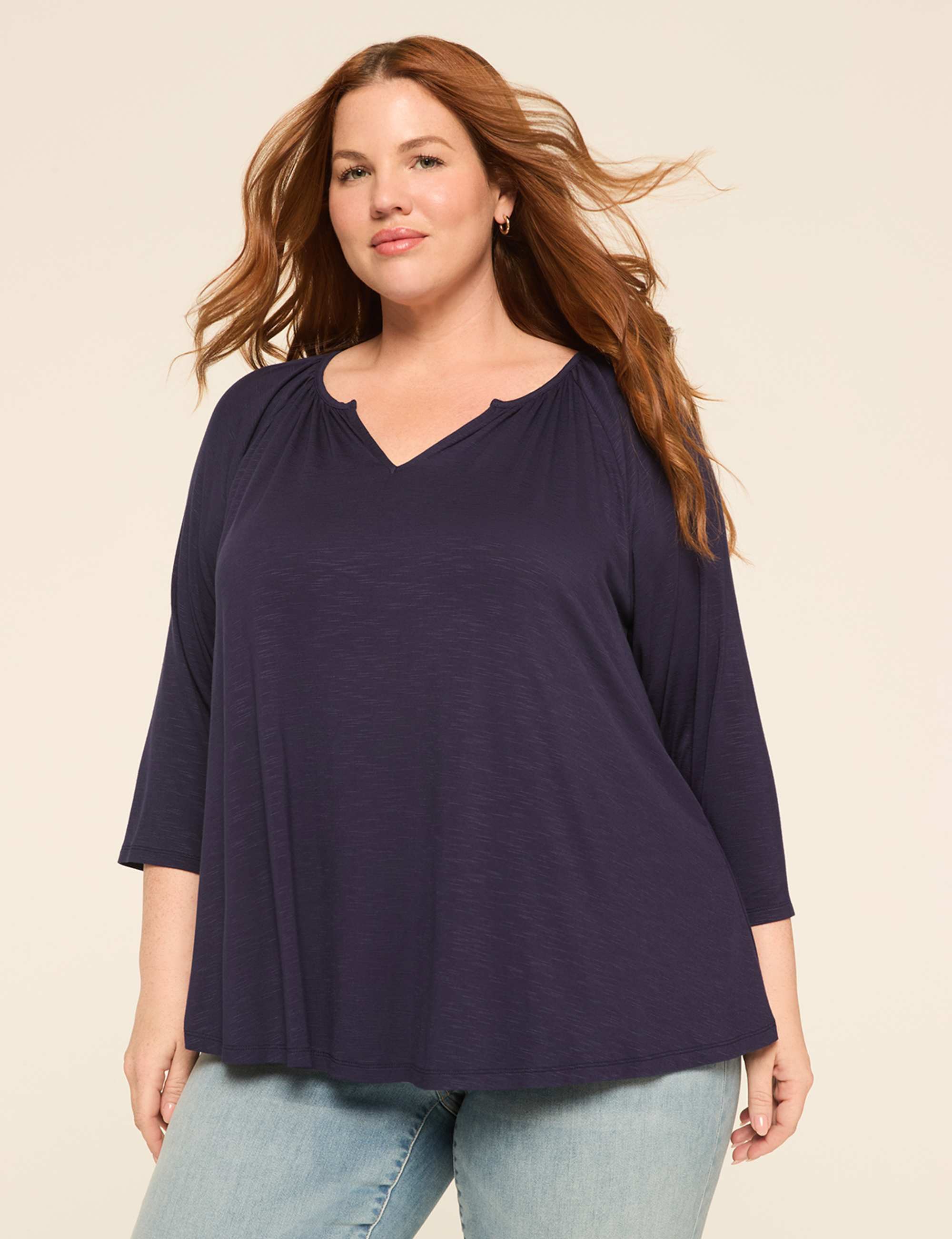 Swing 3/4-Sleeve Notch-Neck Top