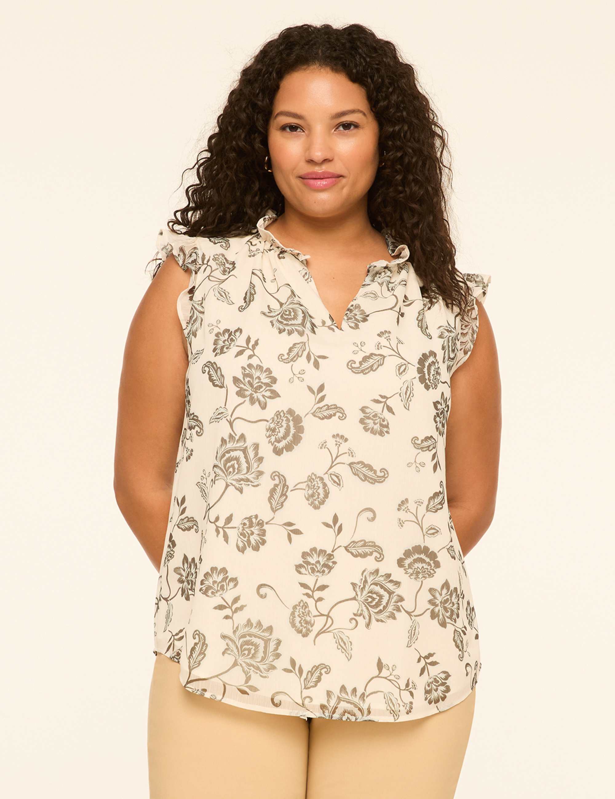 Ruffle-Sleeve Split-Neck Popover Blouse