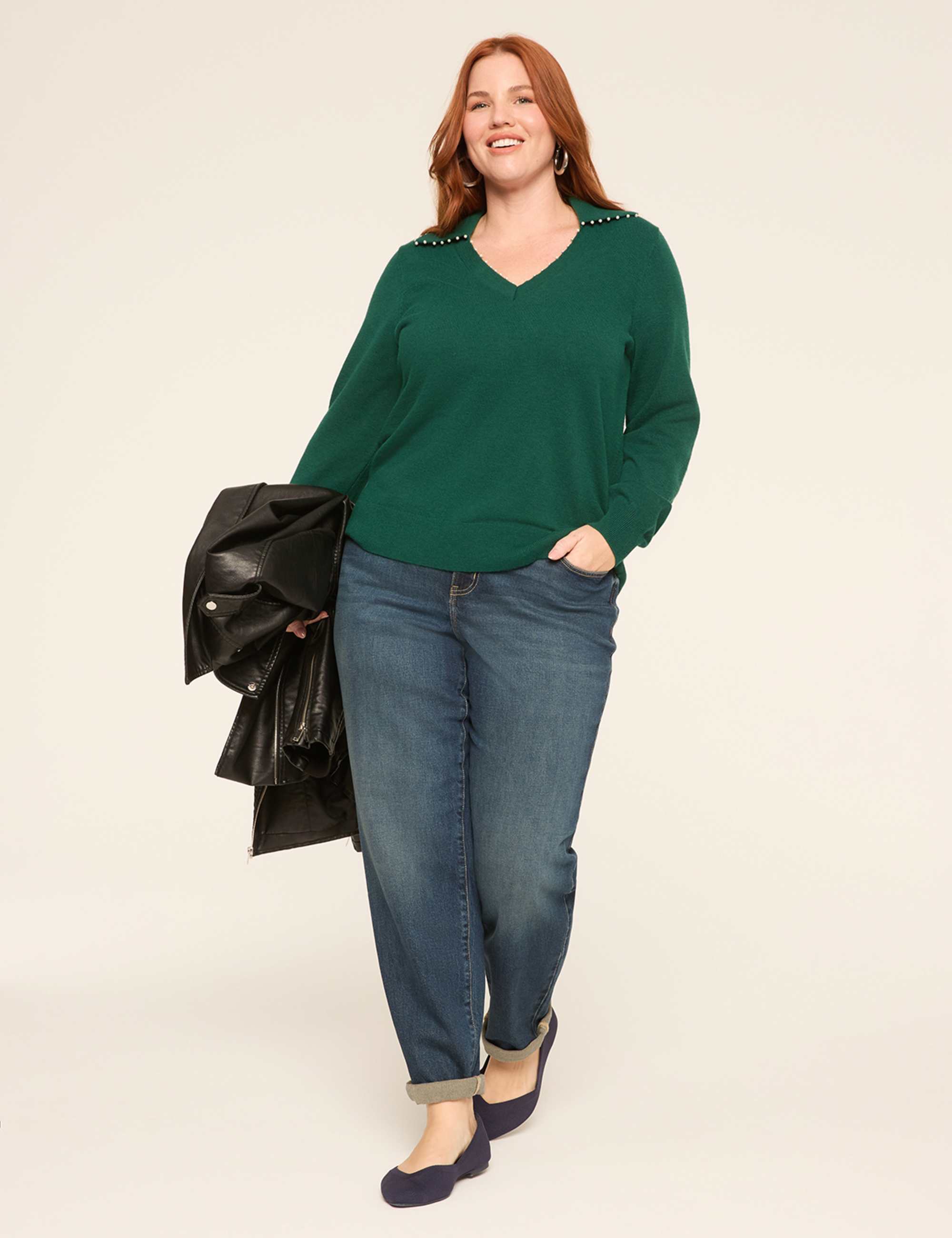 Pearlized V-Neck Collar Sweater