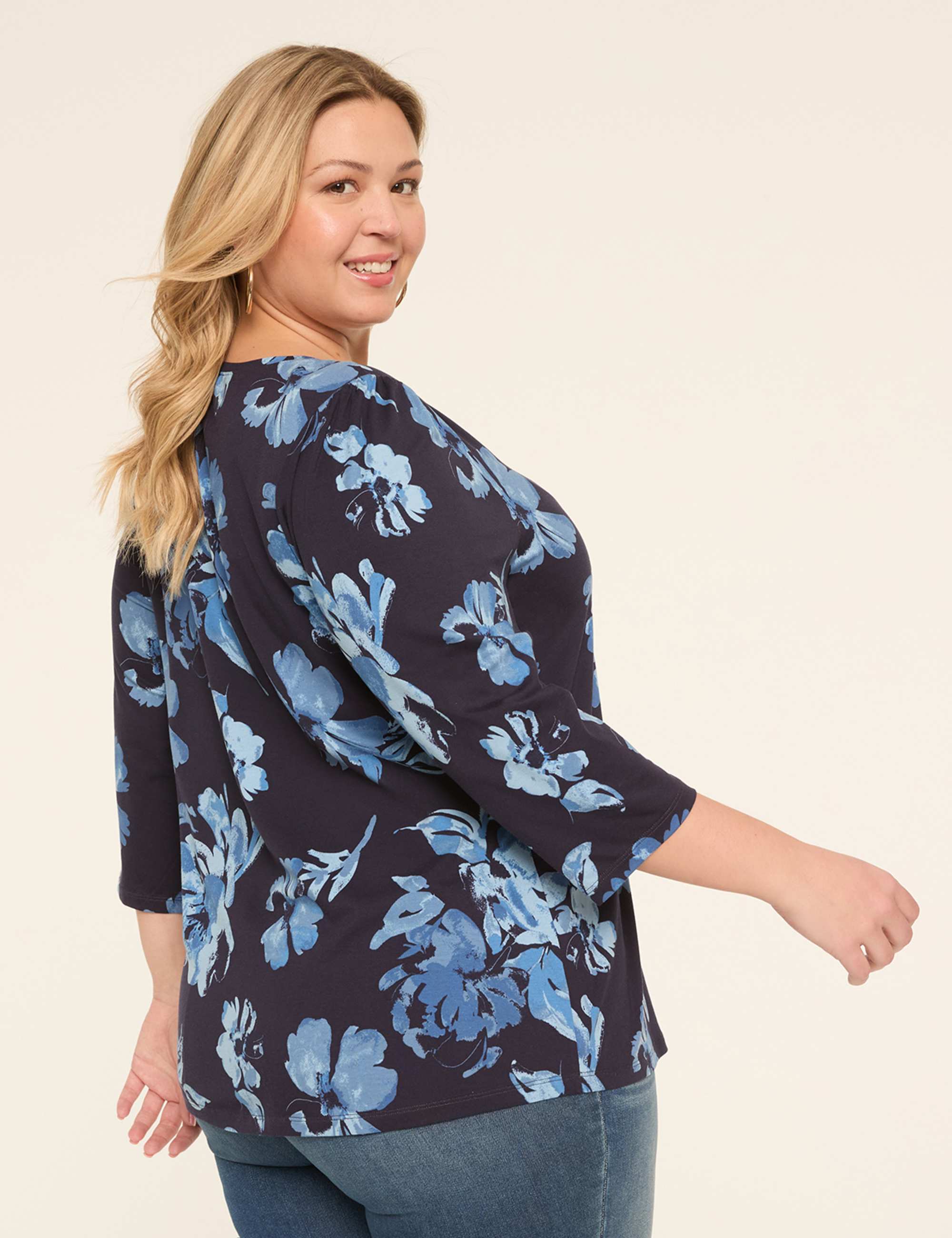 3/4-Sleeve Notch-Neck Keyhole Tee