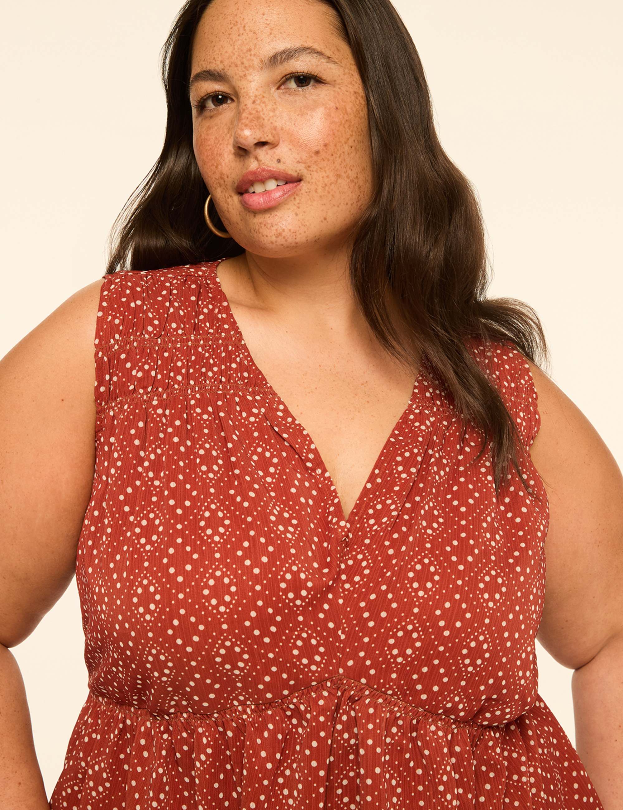 Smocked-Yoke V-Neck Tank