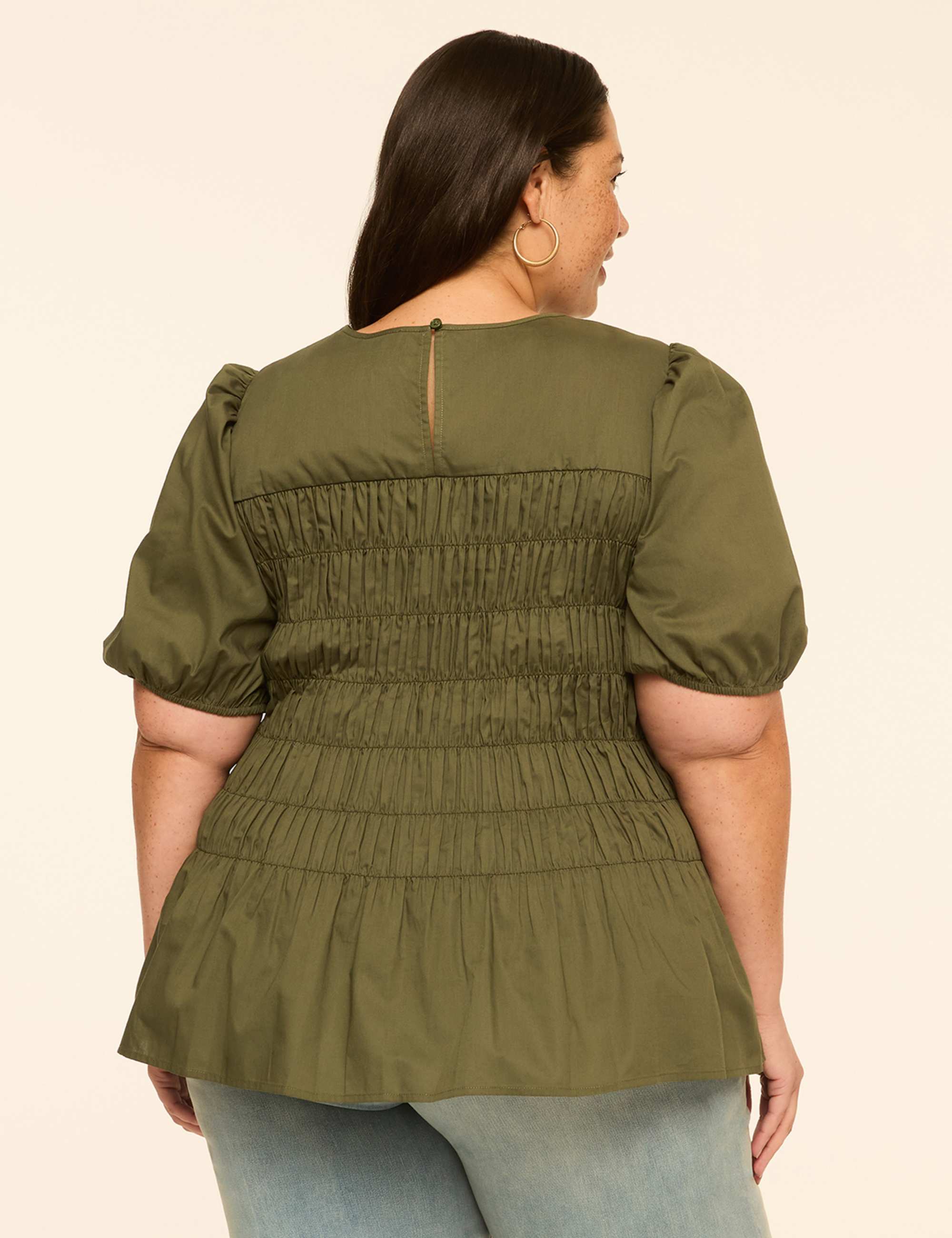 Puff-Sleeve Smocked Peplum Top