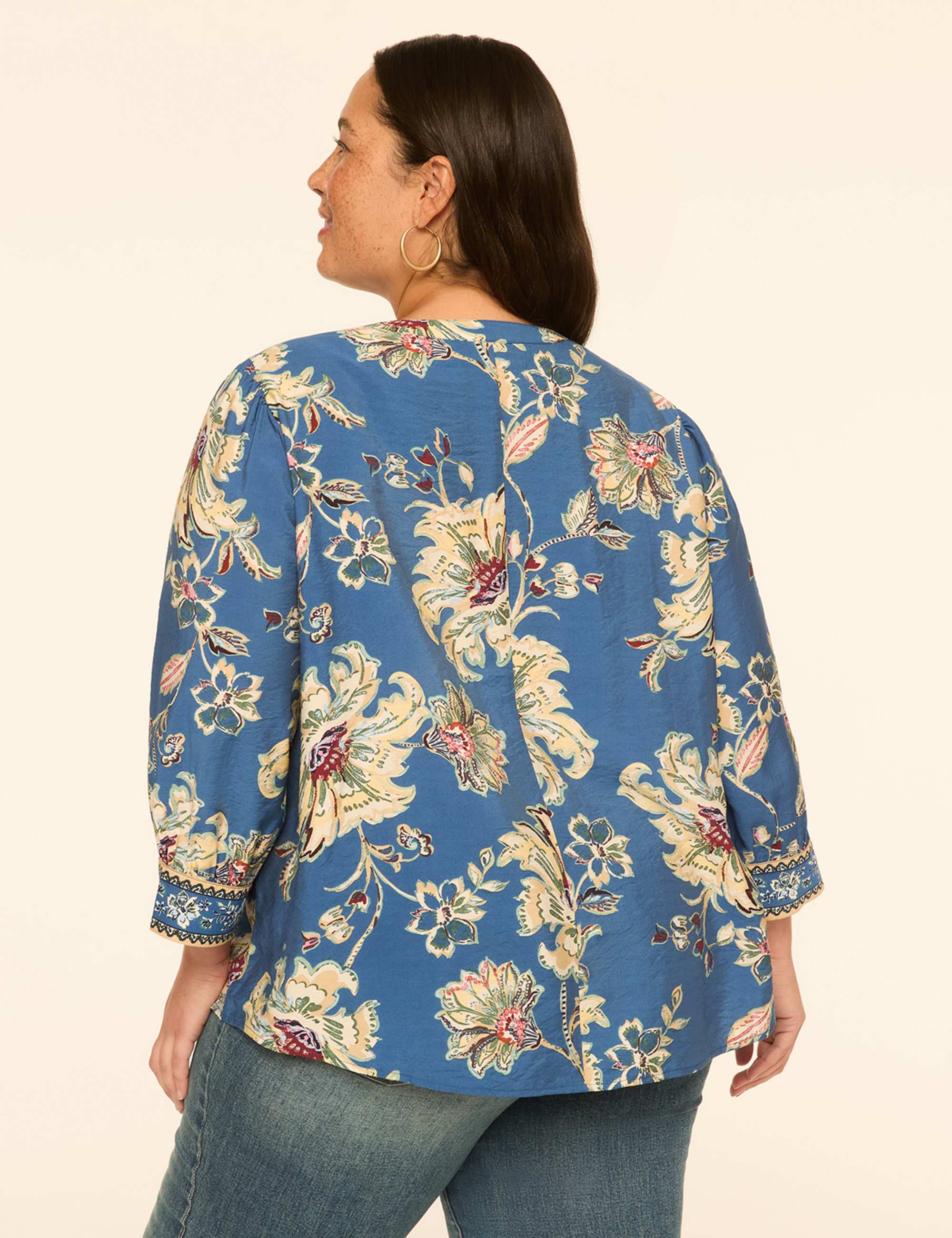 3/4-Sleeve Notch-Neck Popover Blouse