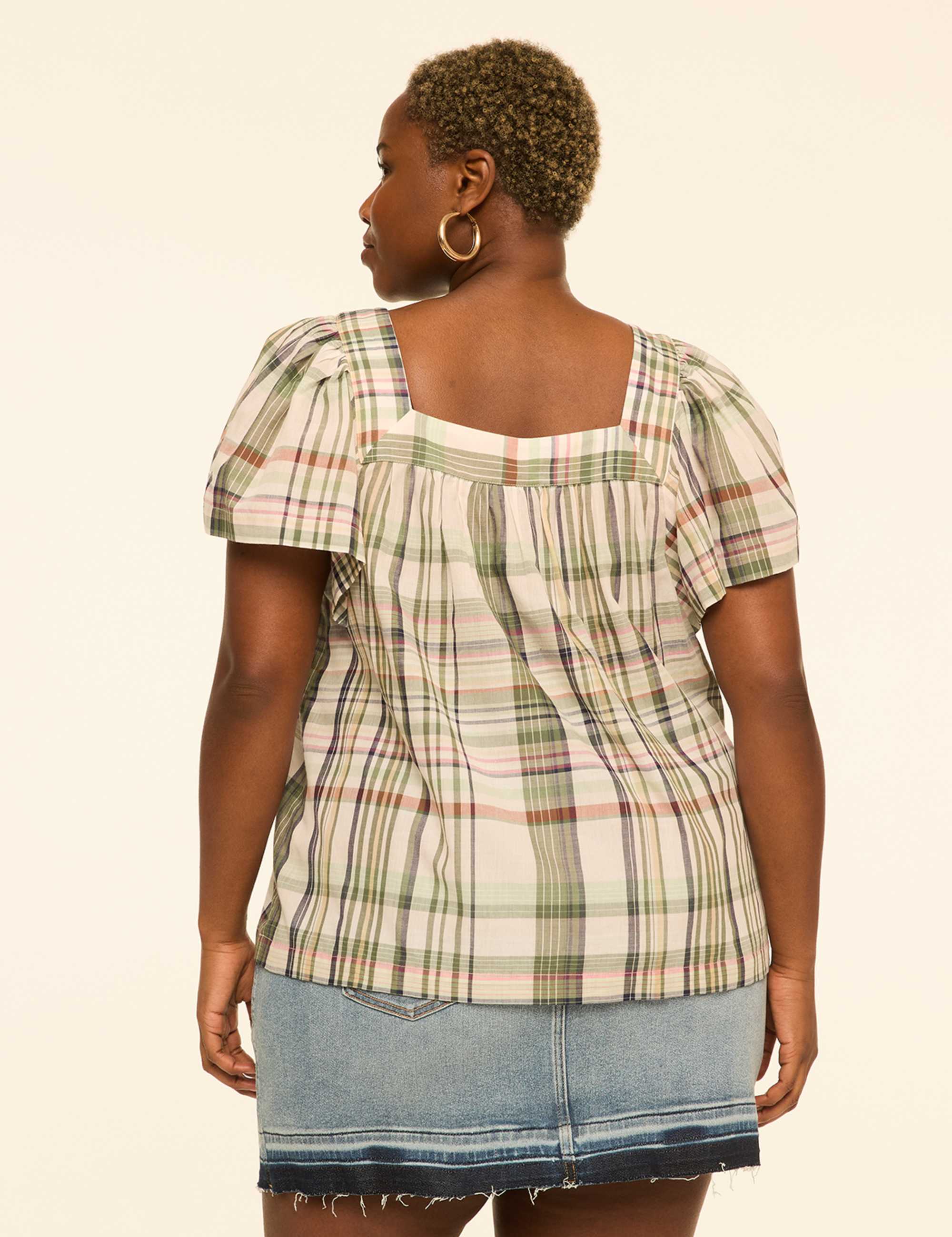 Swing Flutter-Sleeve Square-Neck Blouse