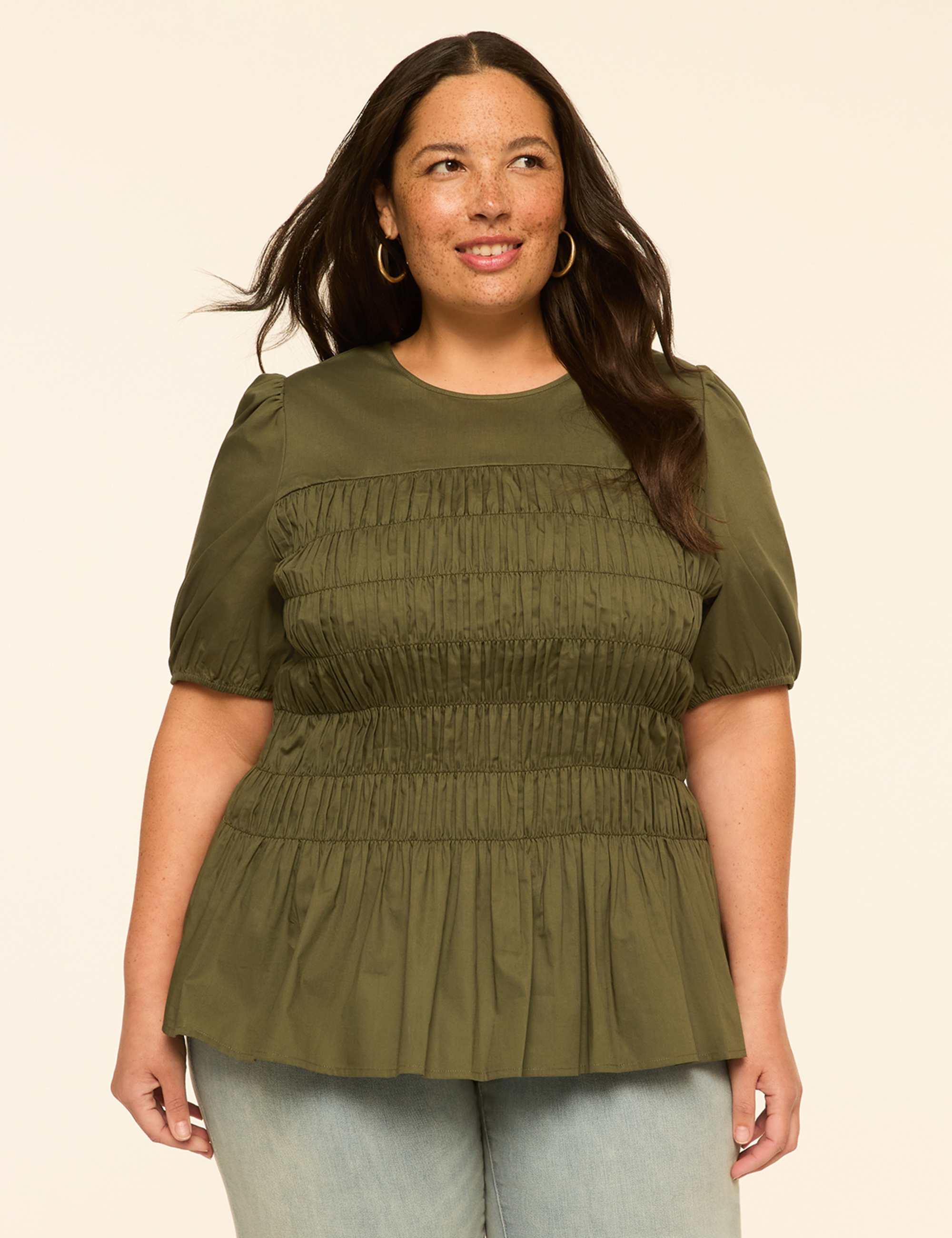 Puff-Sleeve Smocked Peplum Top