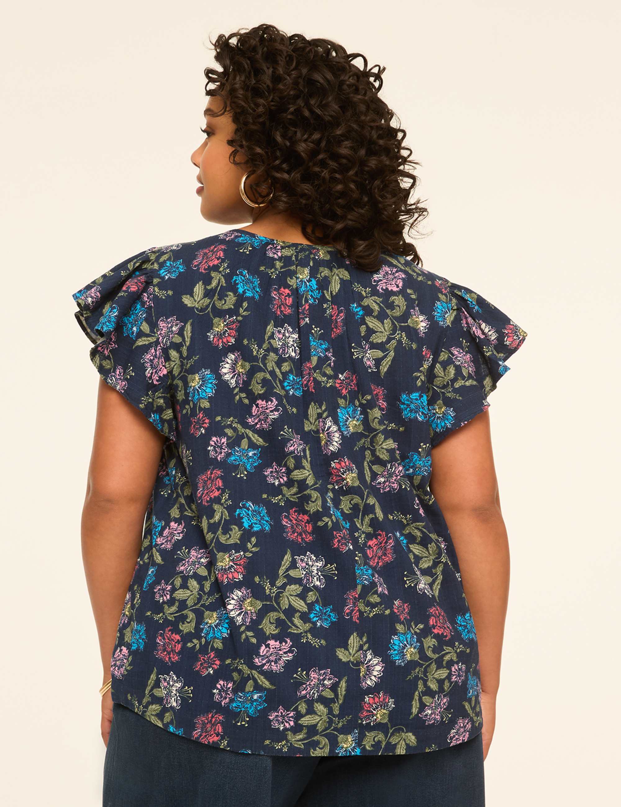 Flutter-Sleeve Scoop-Neck Popover Blouse