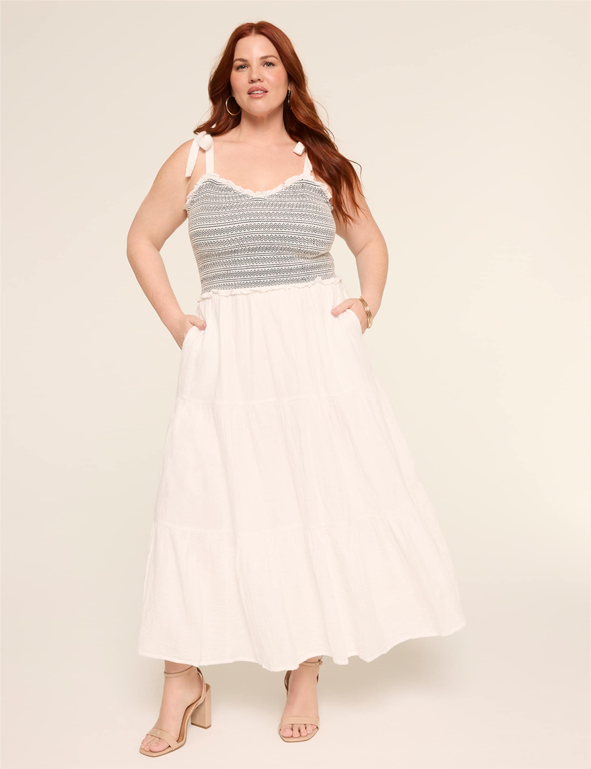 Tie-Strap Smocked-Bodice Maxi Dress