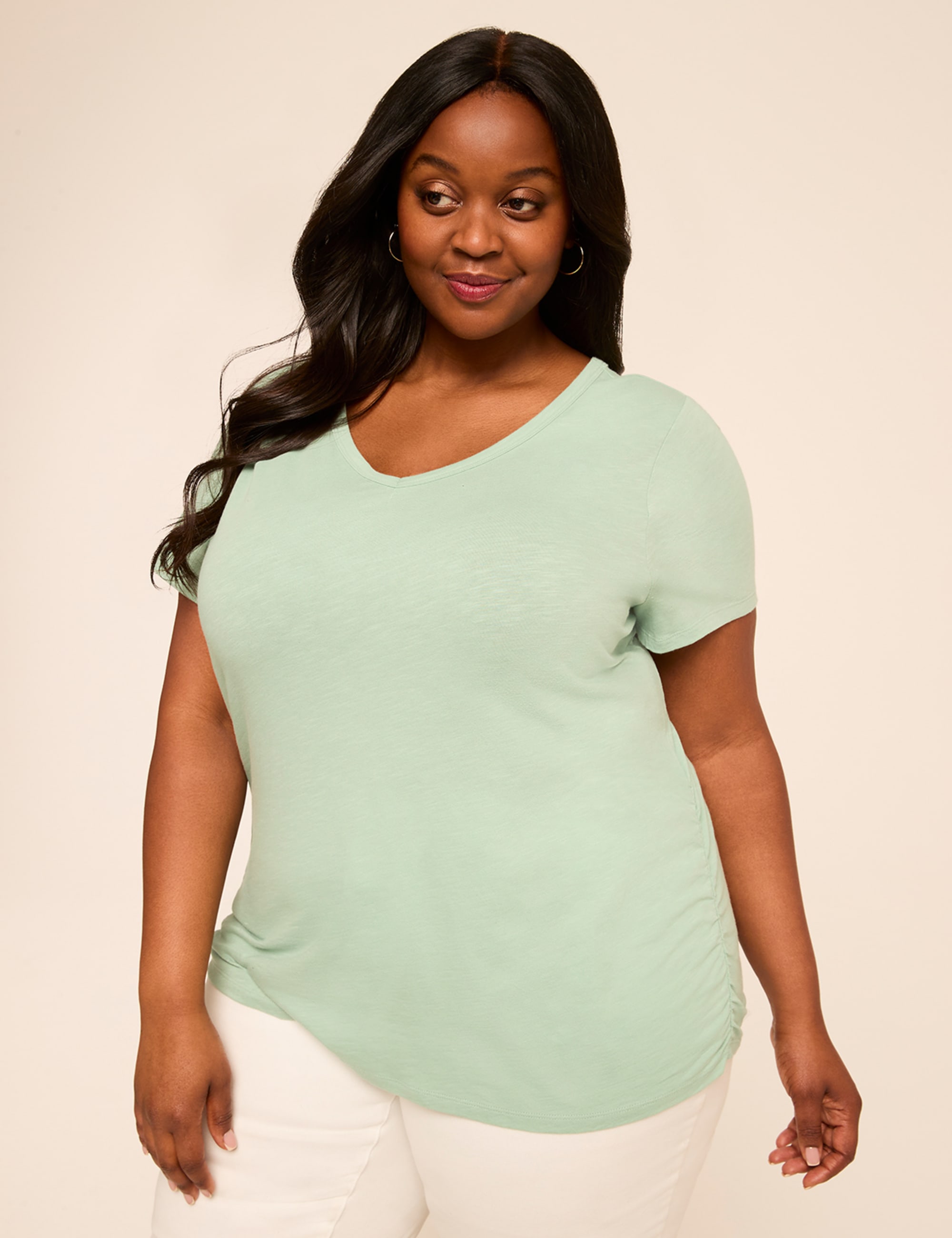 Short-Sleeve V-Neck Side-Ruched Tee