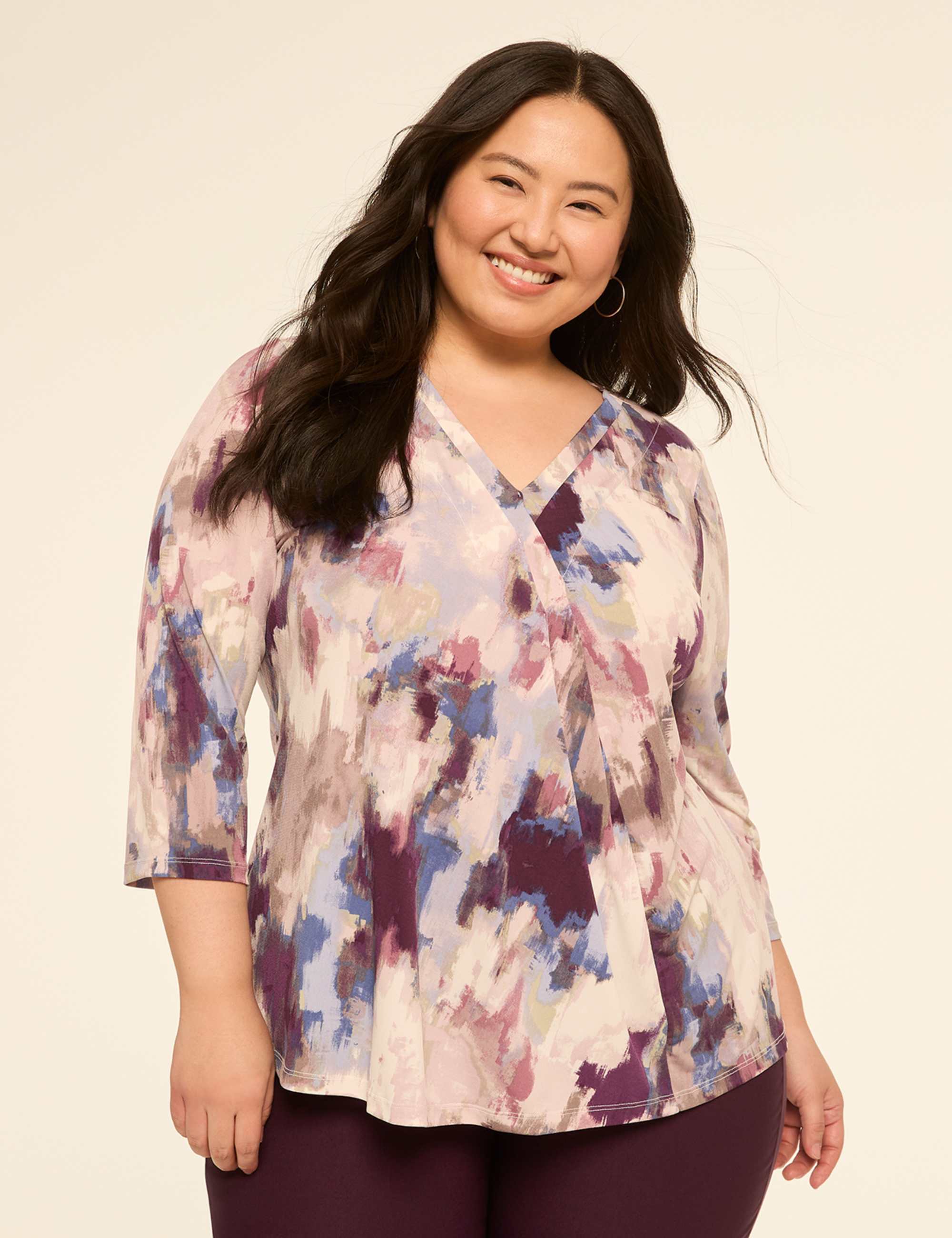 Swing 3/4-Sleeve Pleat-Front Top