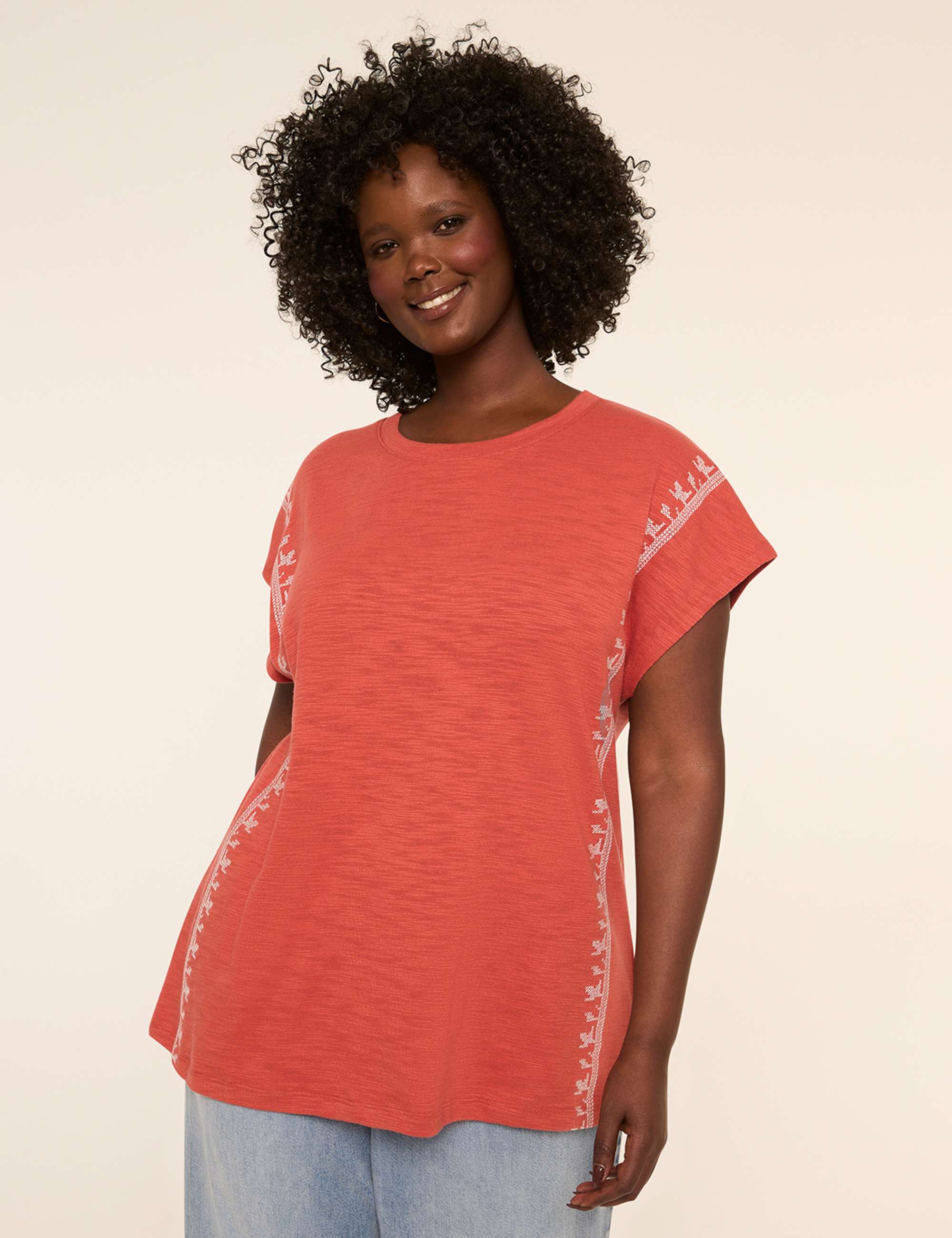 Embroidered Dolman-Sleeve Crew-Neck Top