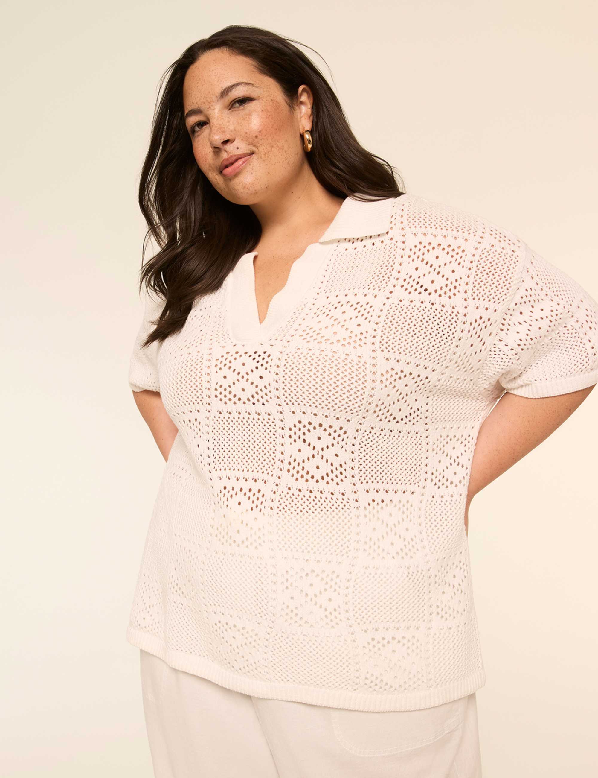 Short-Sleeve Collared Sweater Pullover