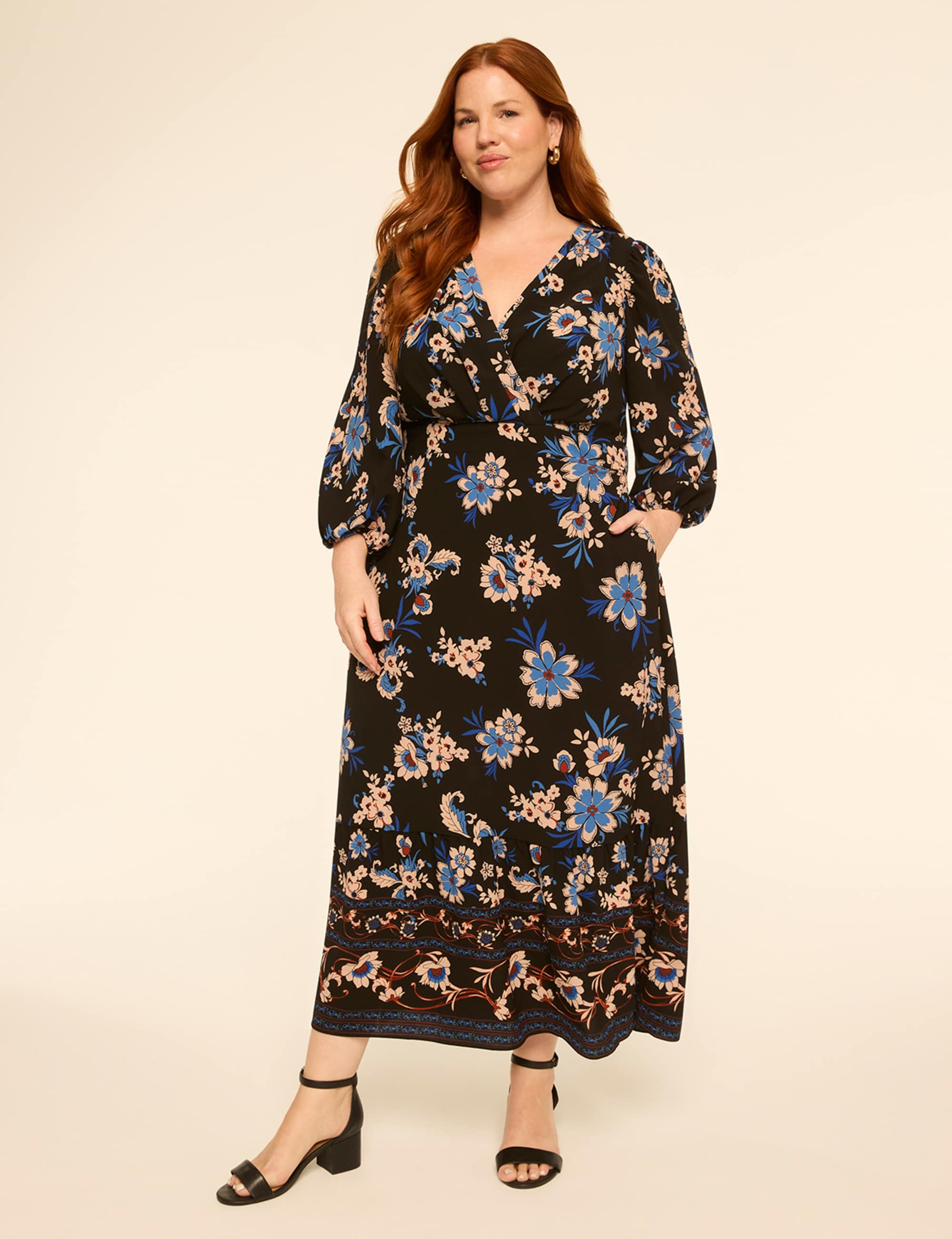 Long-Sleeve Faux-Wrap Maxi Dress