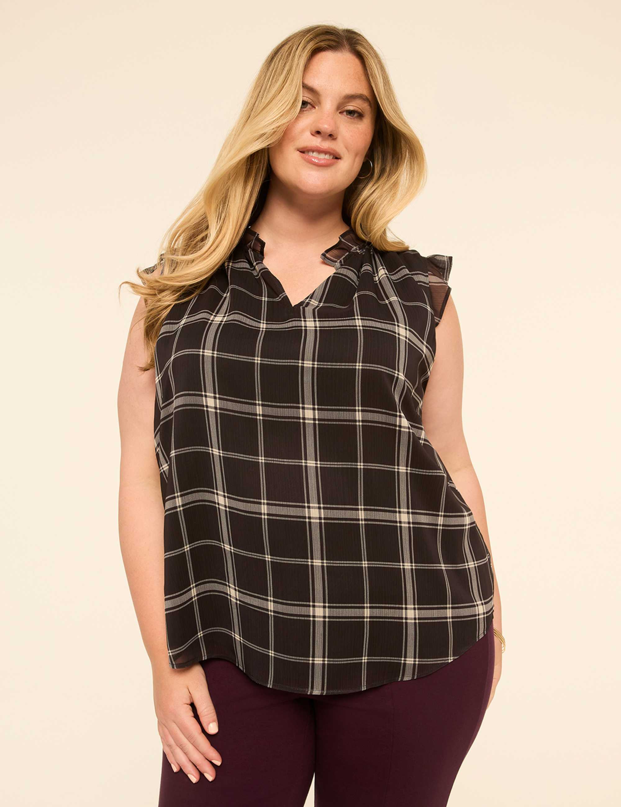 Ruffle-Sleeve Split-Neck Popover Blouse