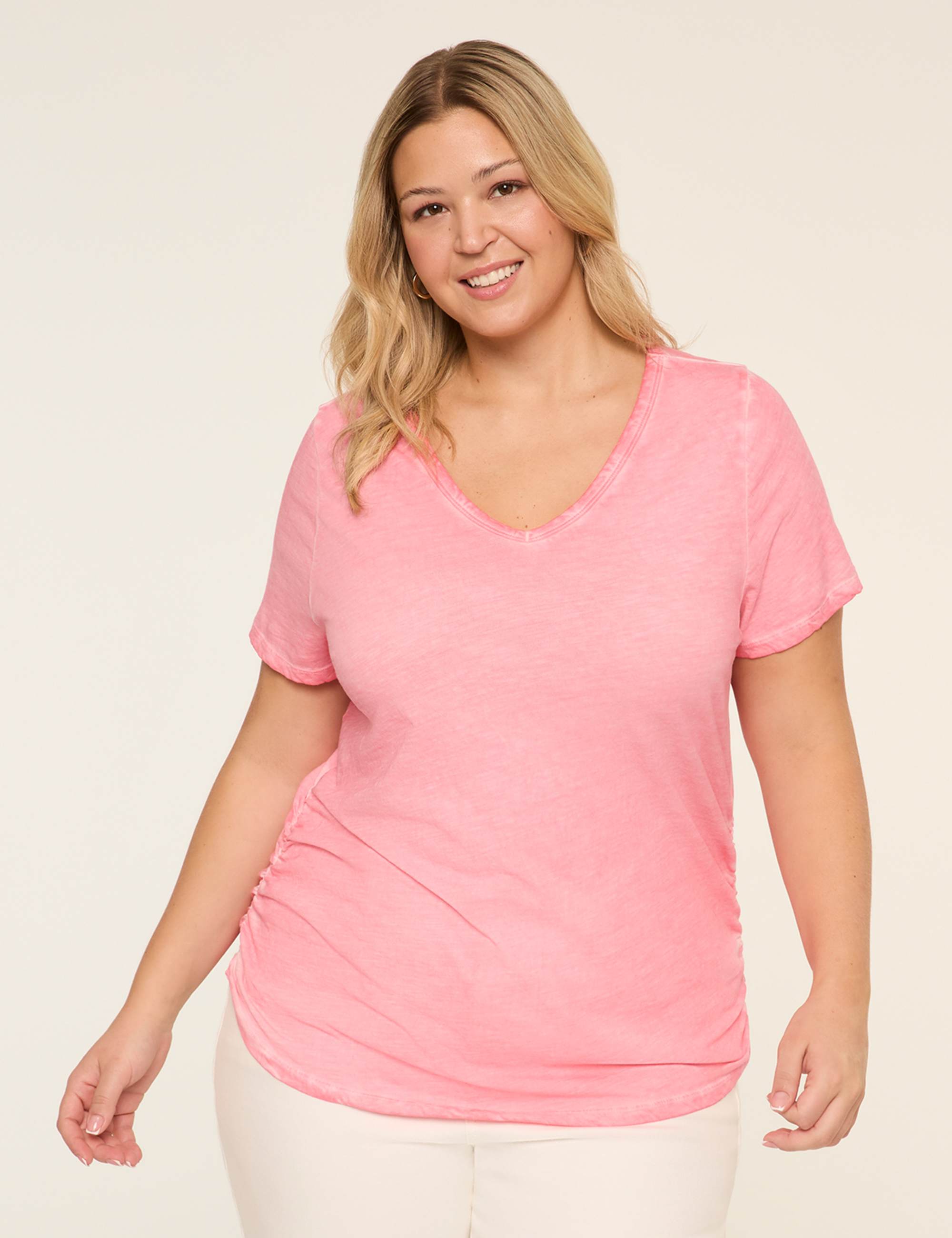 Short-Sleeve V-Neck Side-Ruched Tee