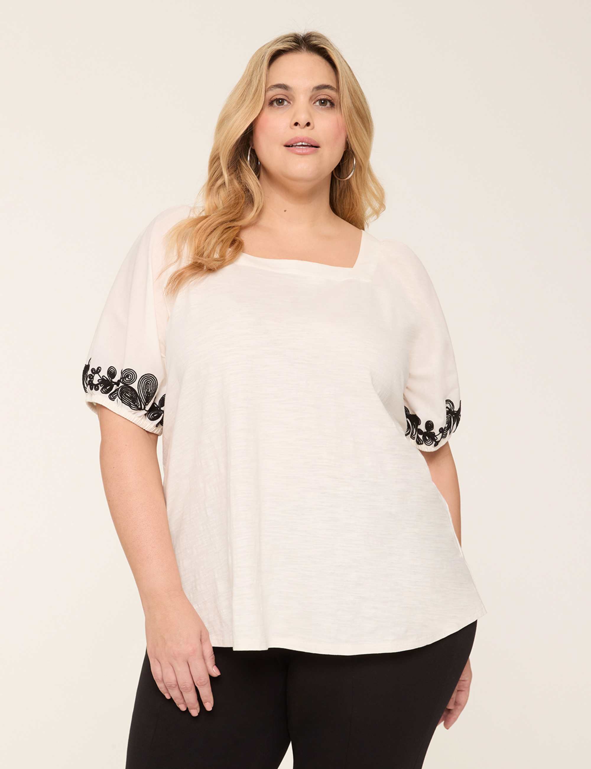 Embroidered Puff-Sleeve Square-Neck Top