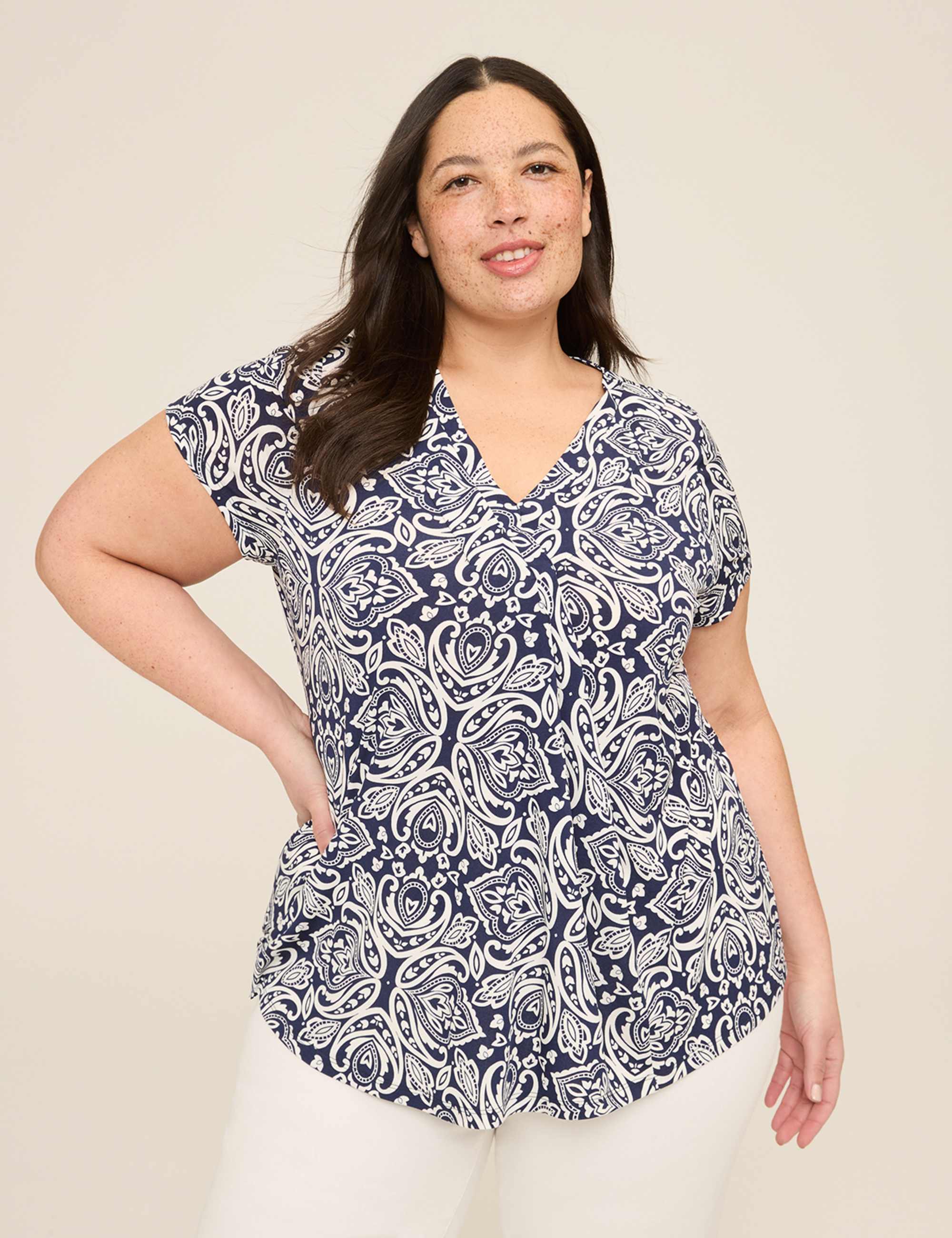 Cap-Sleeve Pleat-Front Top