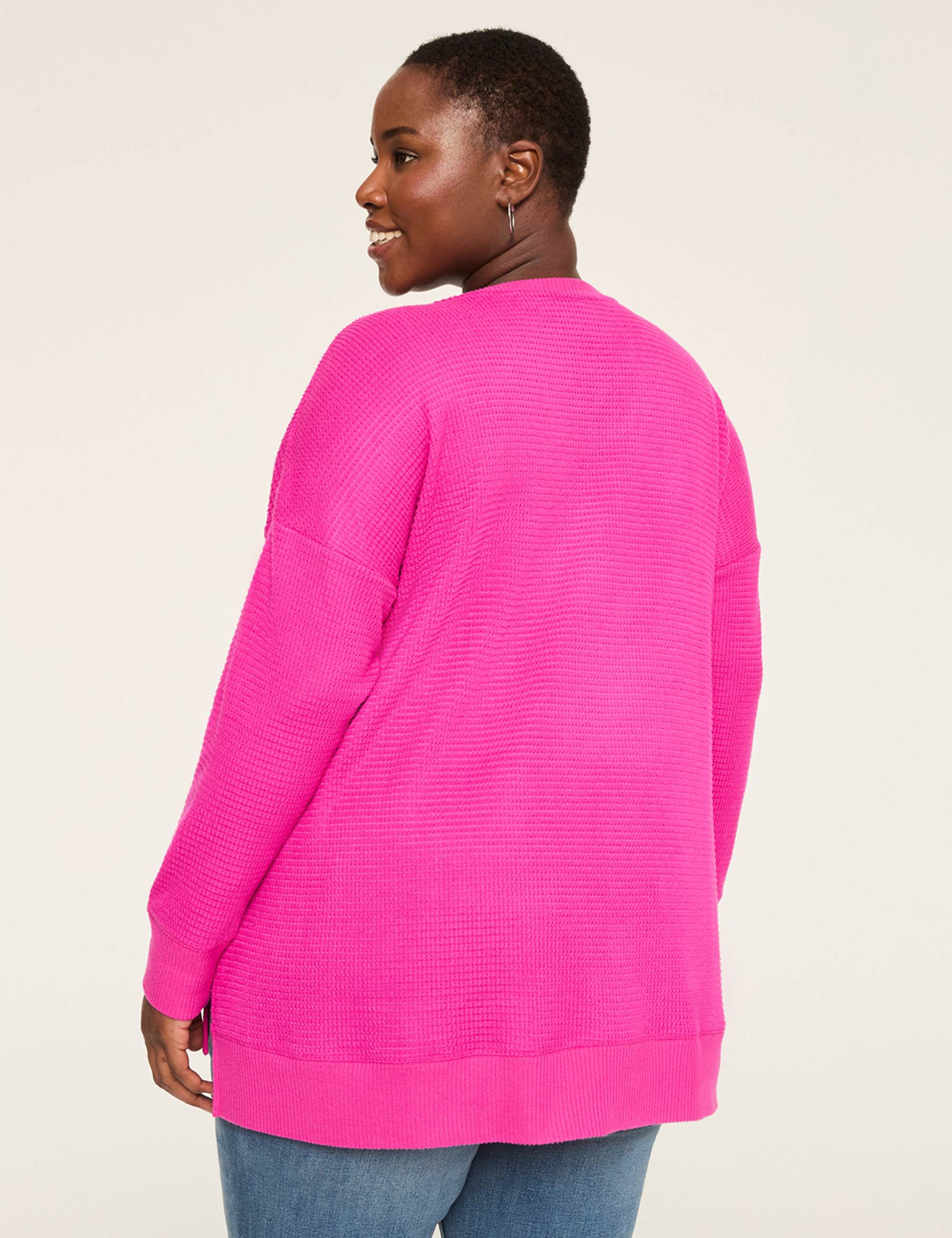 Long-Sleeve V-Neck Waffle Knit Top