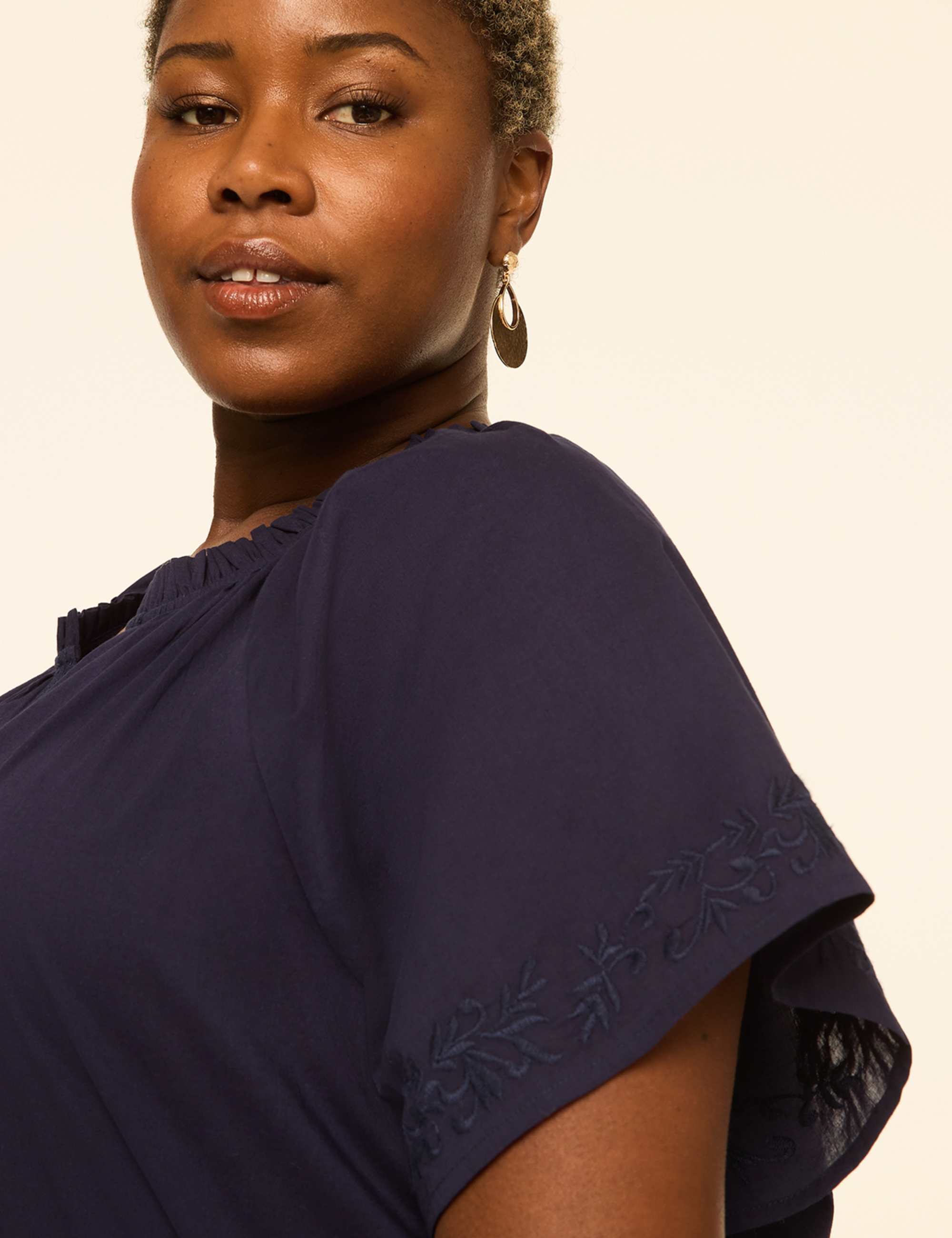 Embroidered Flutter-Sleeve Split-Neck Popover Blouse
