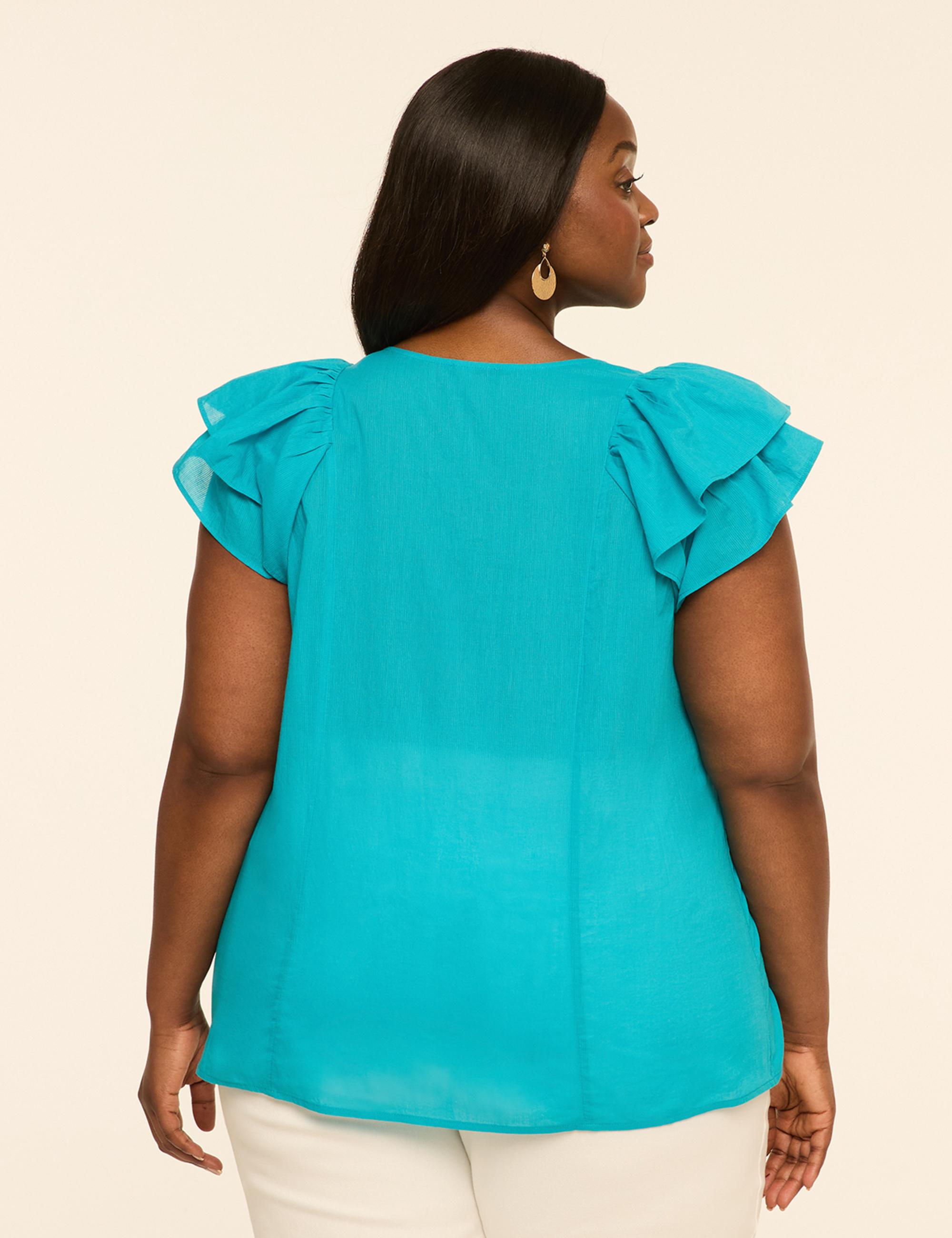 Double Flutter-Sleeve Split-Neck Top