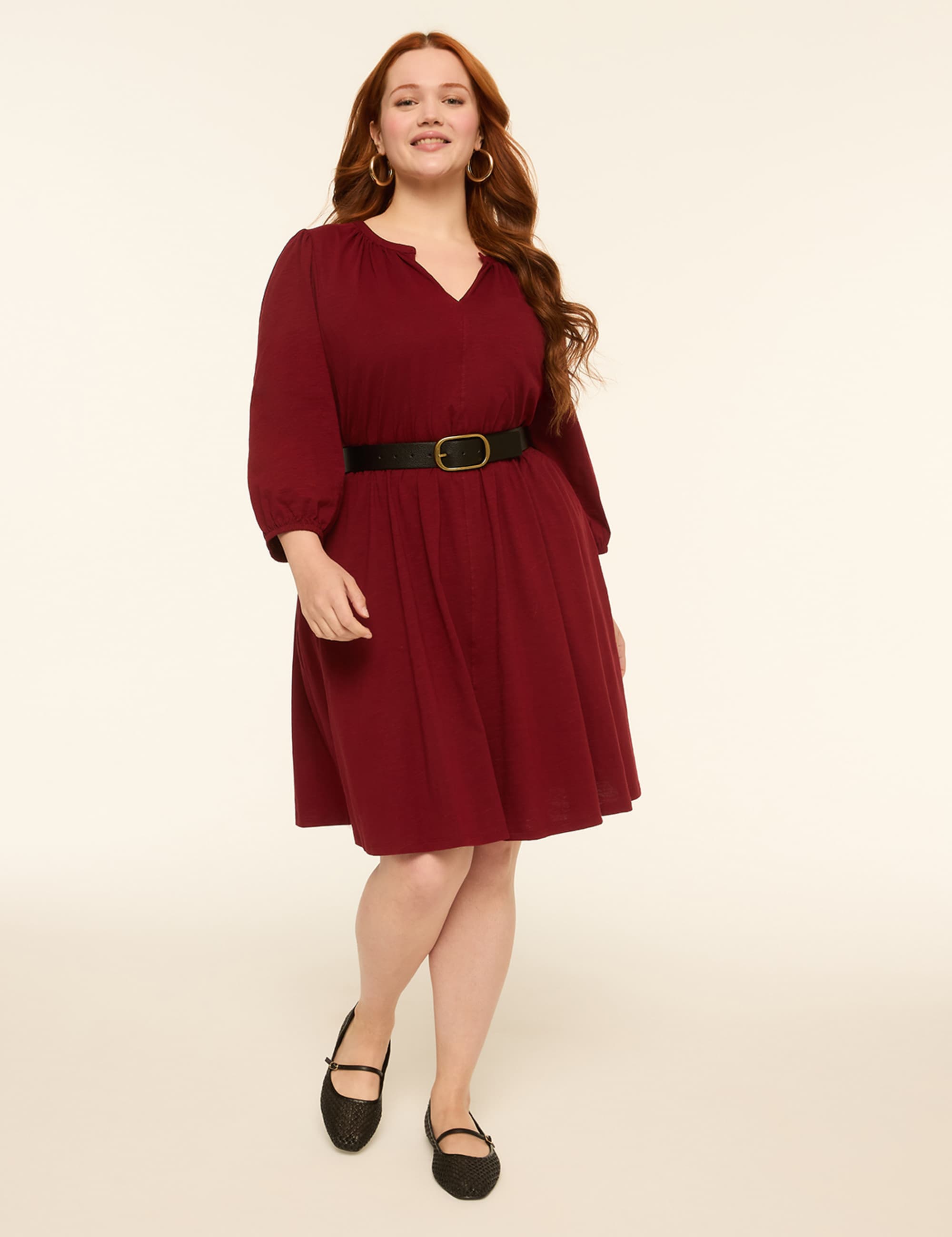 3/4-Sleeve Split-Neck Dress
