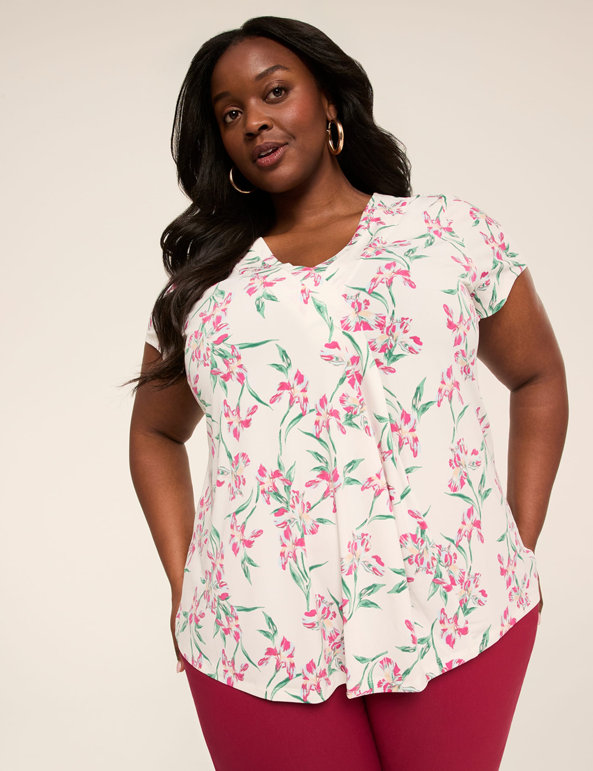 Swing Cap-Sleeve Pleat-Front Top