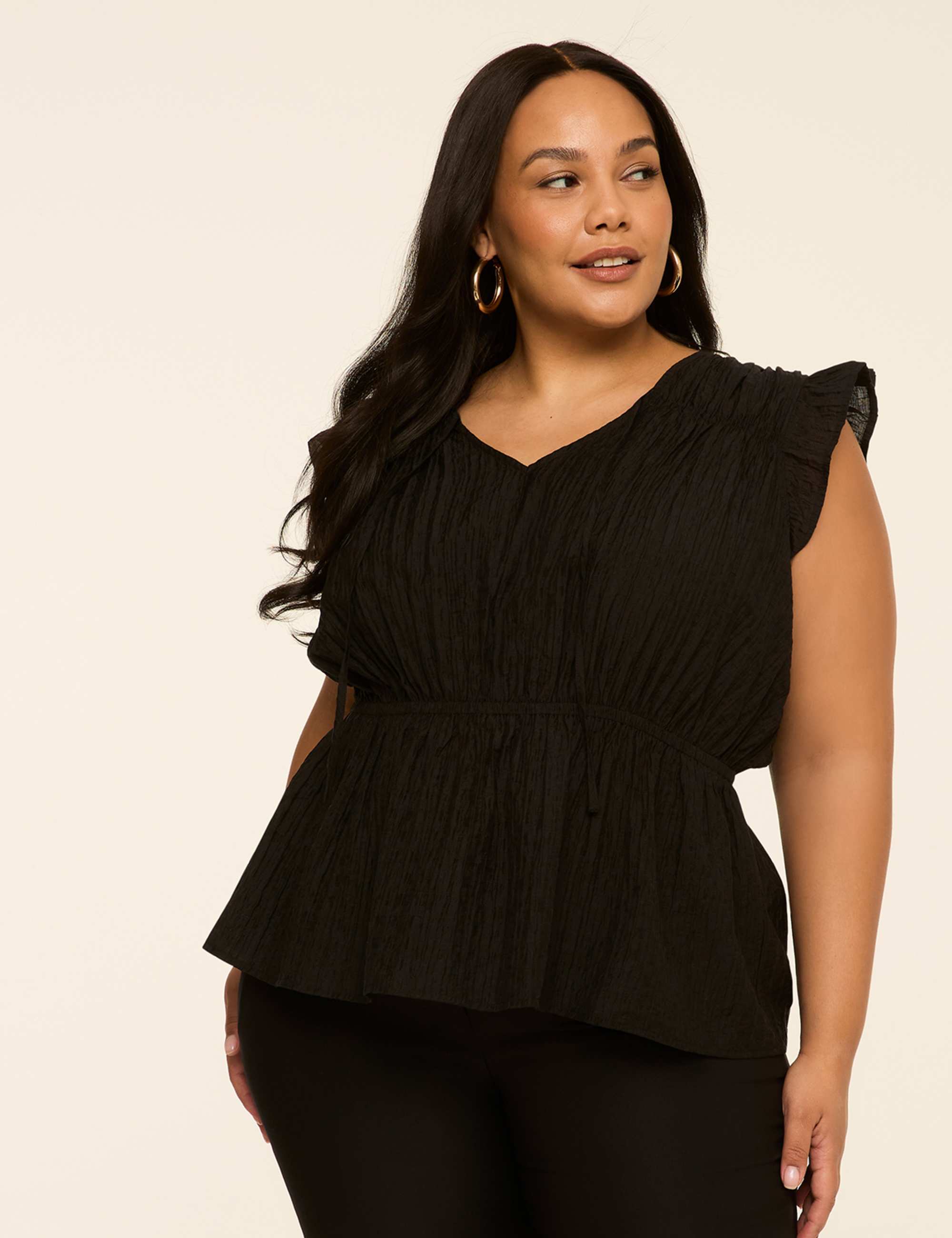 Ruffle-Sleeve Tie-Neck Peplum Top