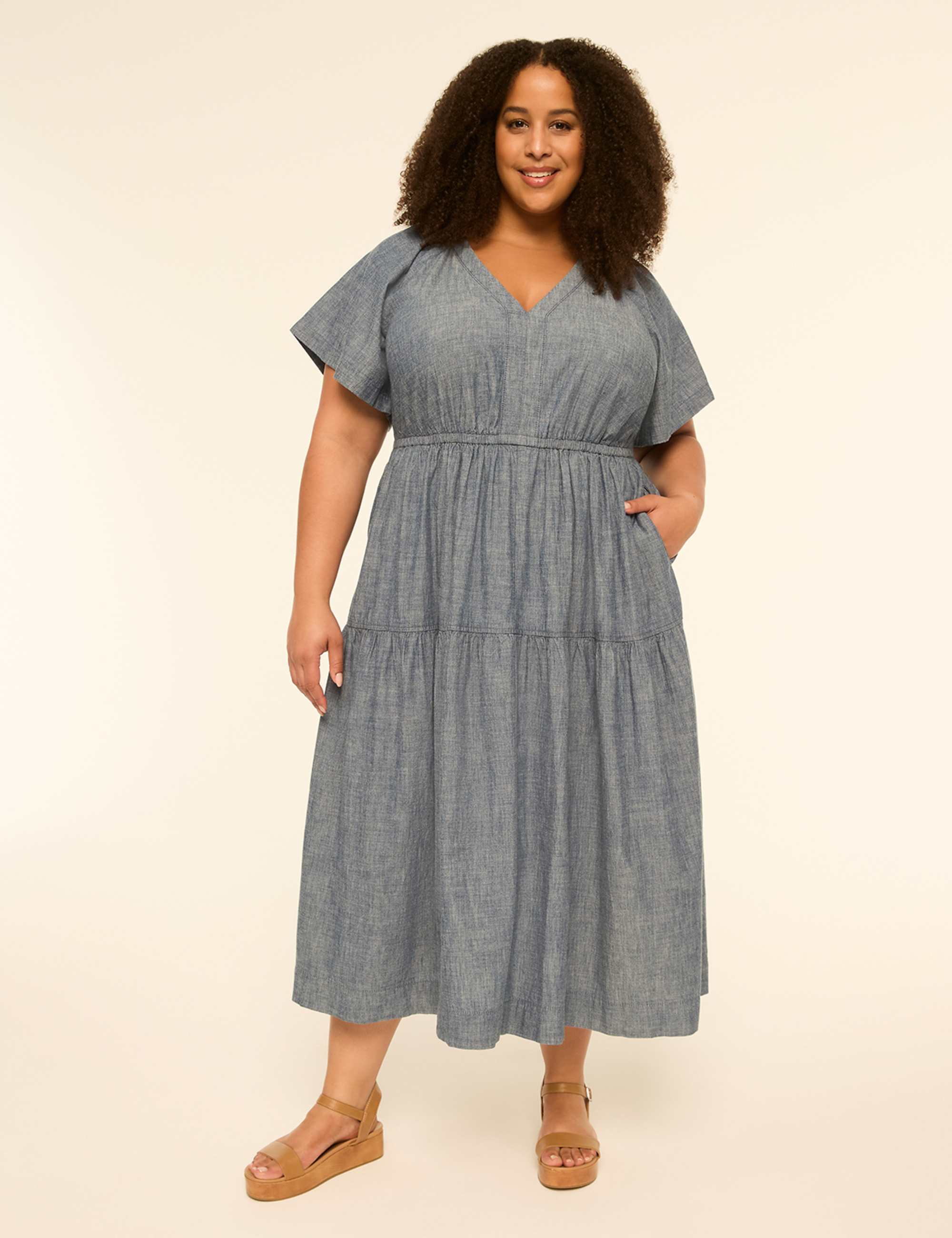 Flutter-Sleeve V-Neck Midi Dress
