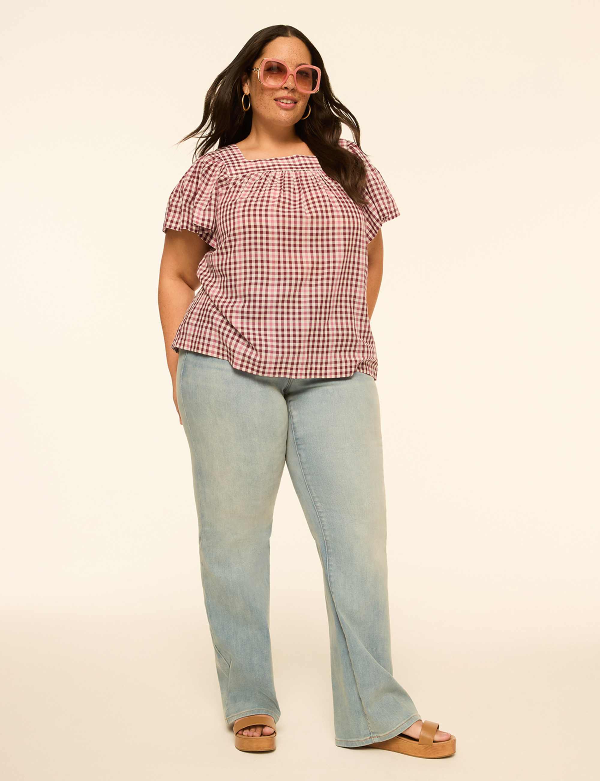 Swing Flutter-Sleeve Square-Neck Blouse