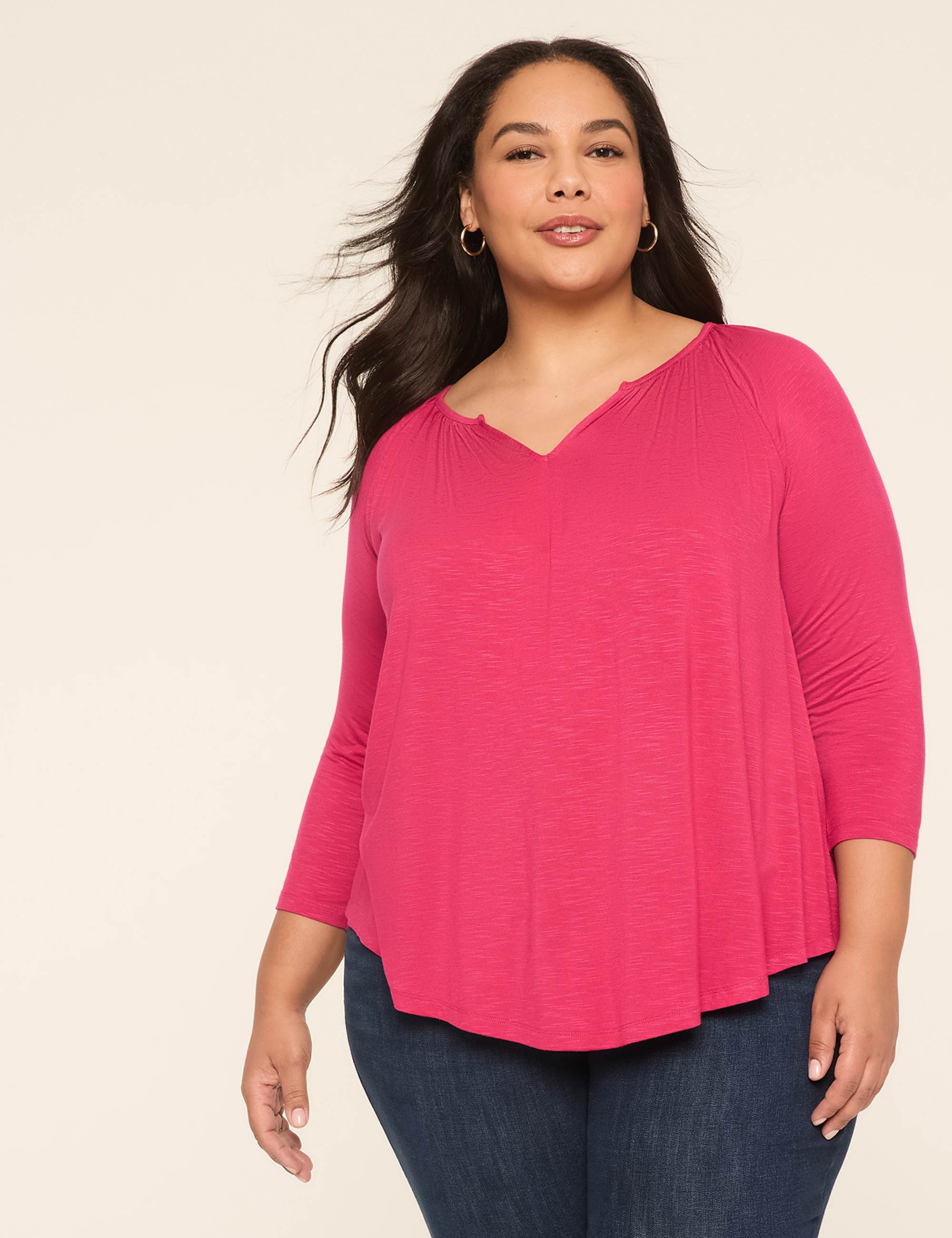 Swing 3/4-Sleeve Notch-Neck Top
