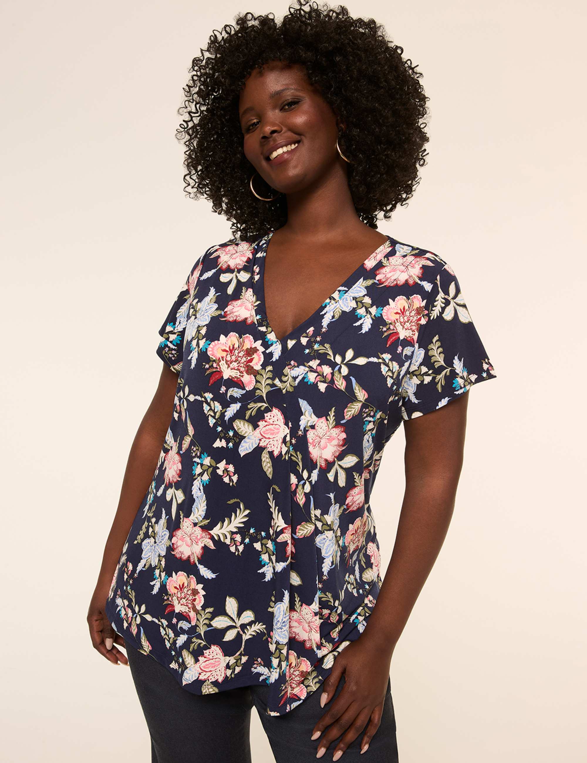 Swing Cap-Sleeve Pleat-Front Top