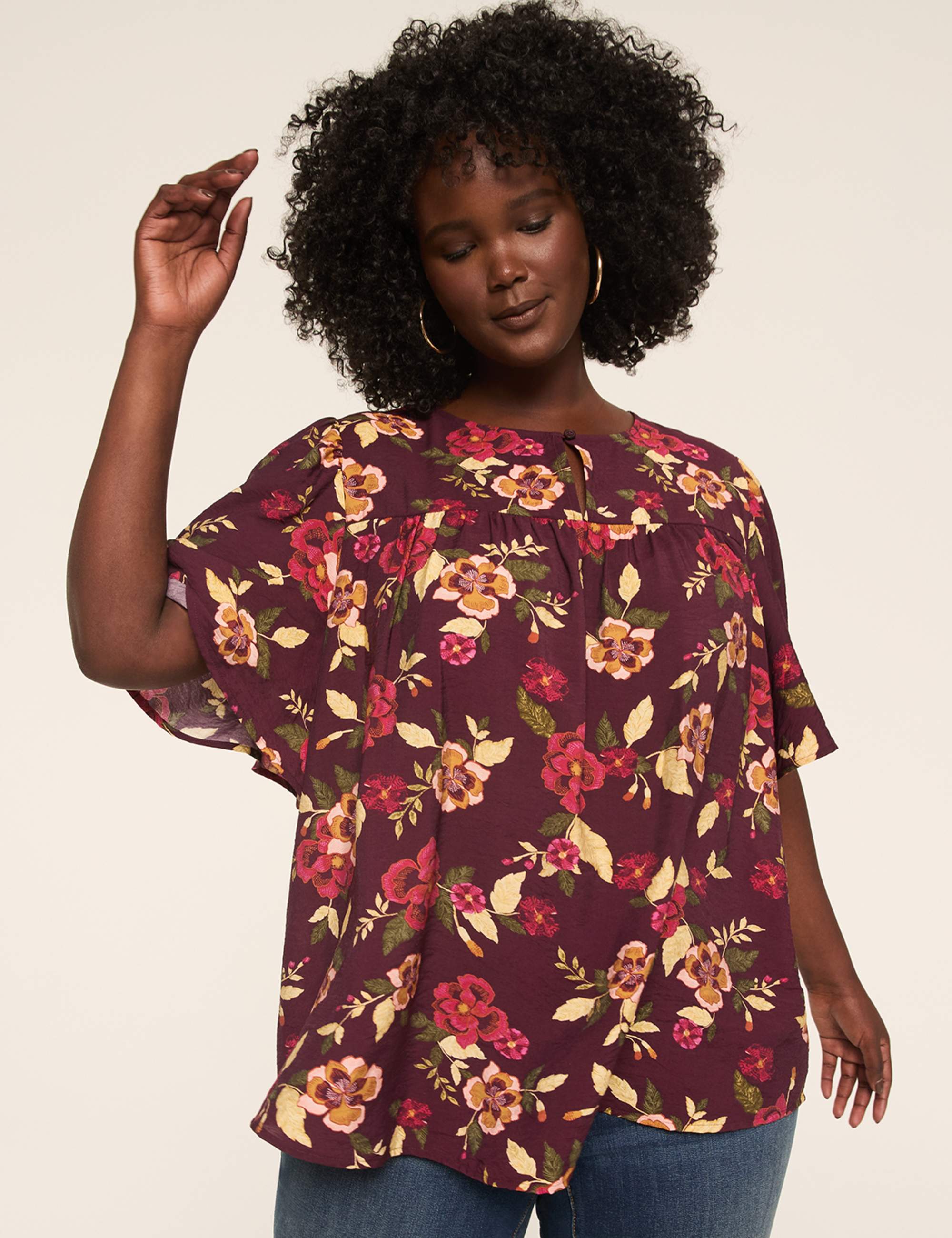 Swing Circle-Sleeve Popover Blouse