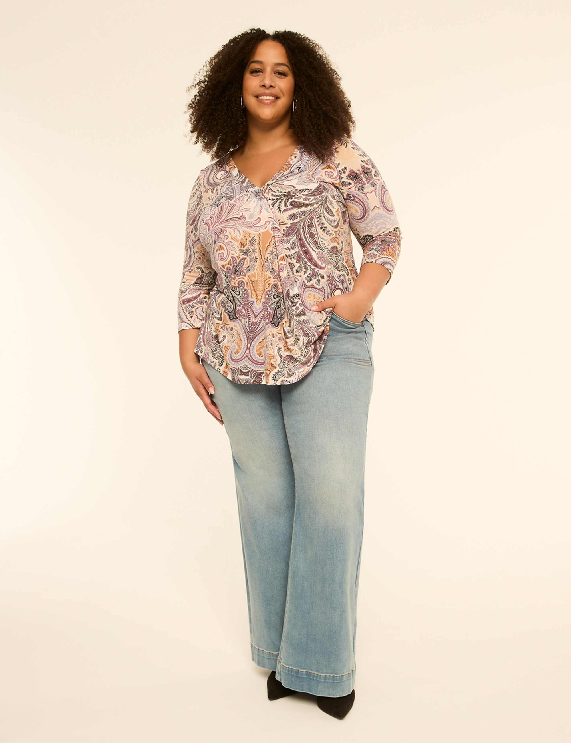 Swing 3/4-Sleeve Pleat-Front Top