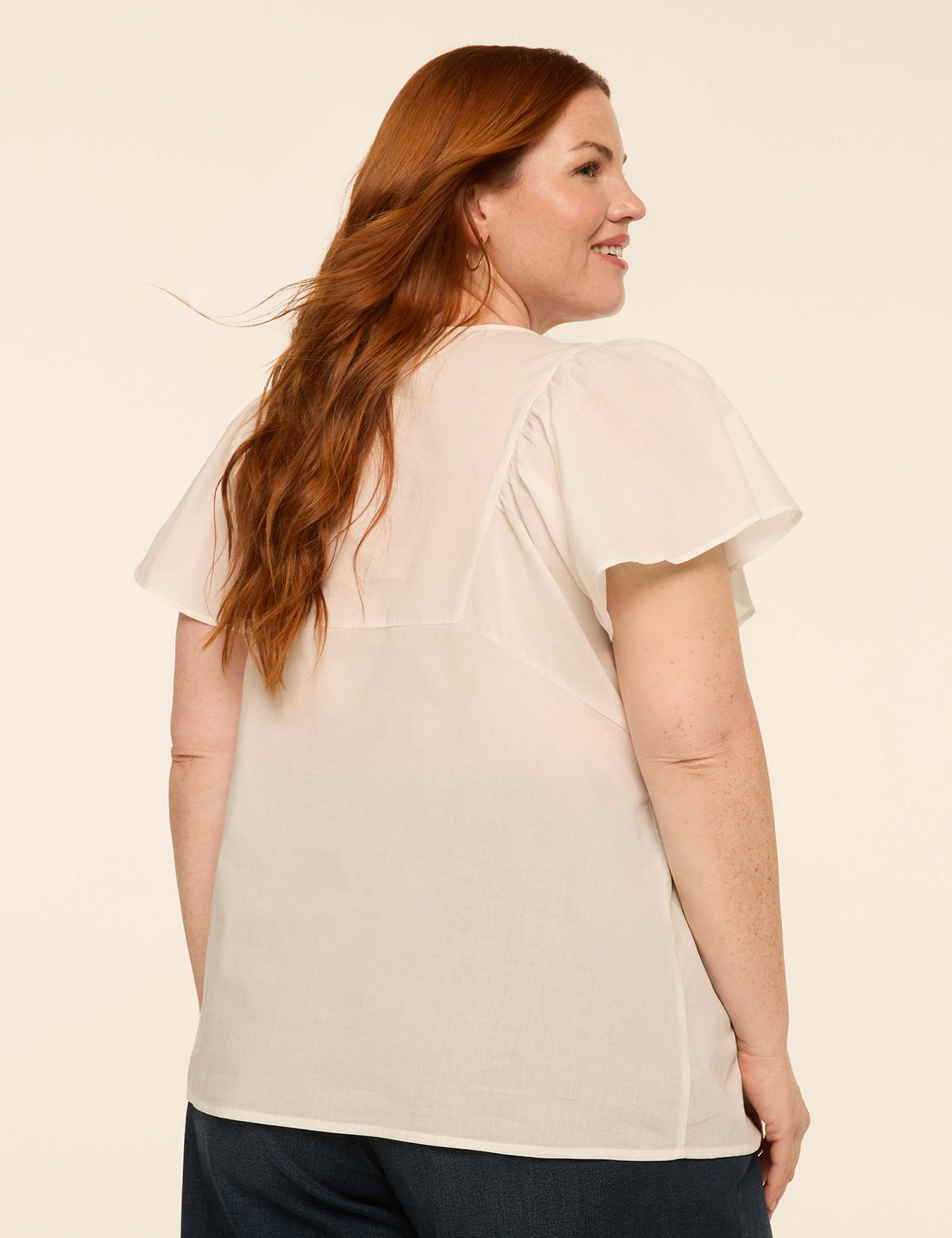 Embroidered Flutter-Sleeve Tie-Front Popover Blouse