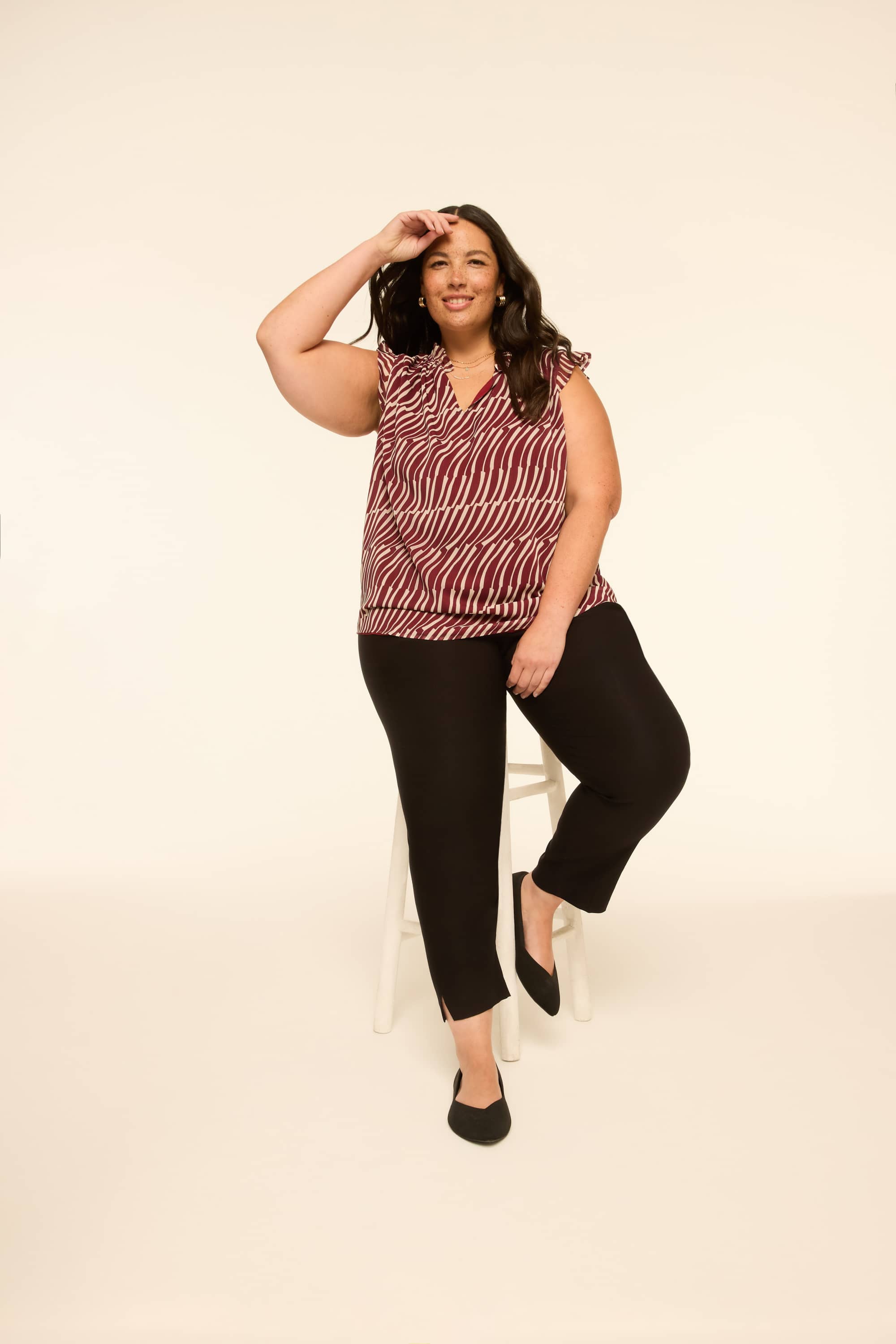 Ruffle-Sleeve Split-Neck Popover Blouse