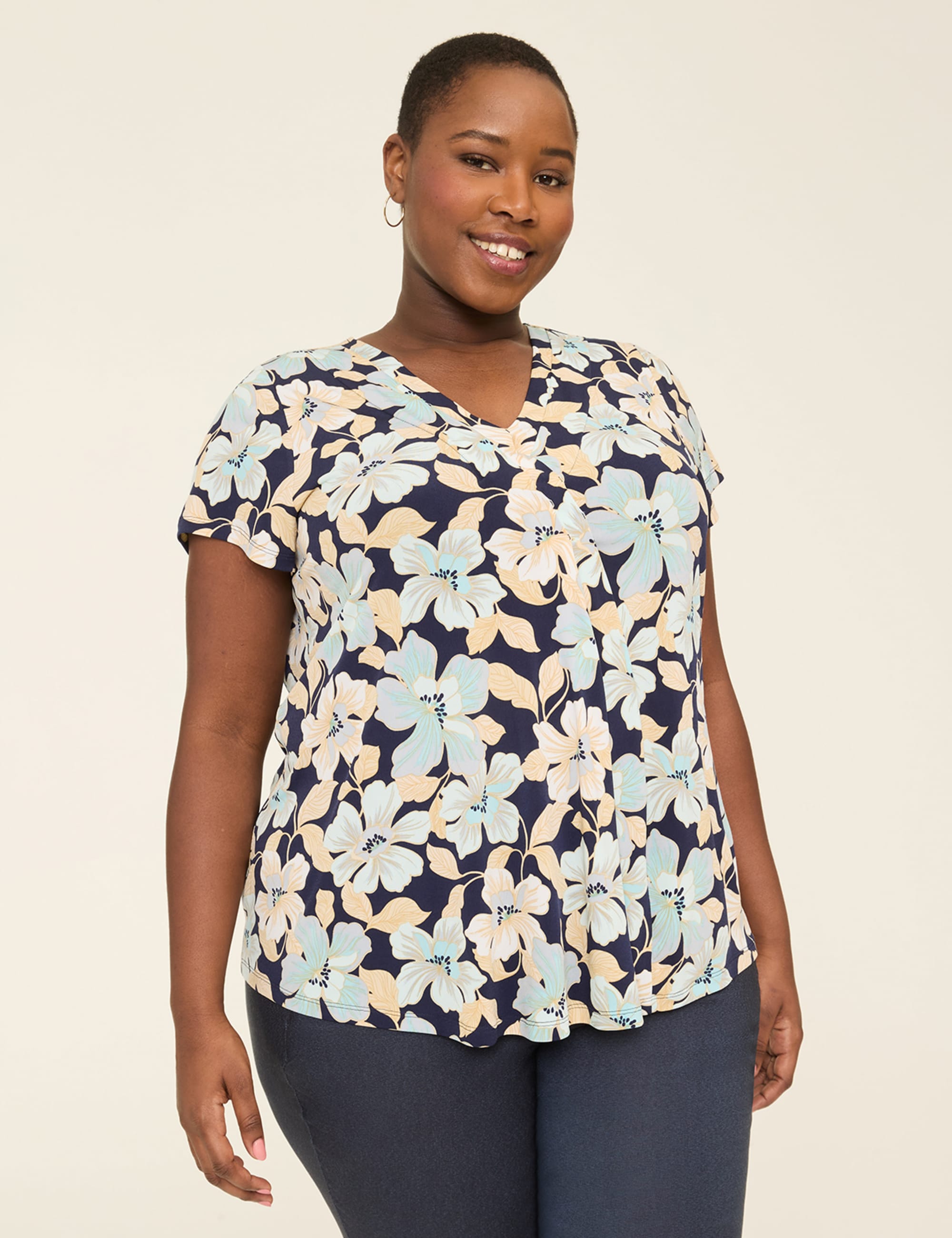 Cap-Sleeve Pleat-Front Top