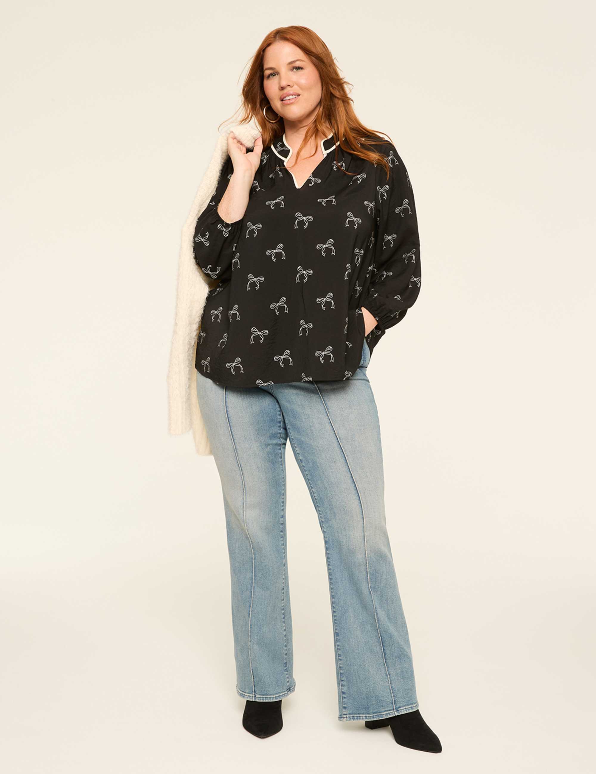 Bracelet-Sleeve Split-Neck Popover Blouse