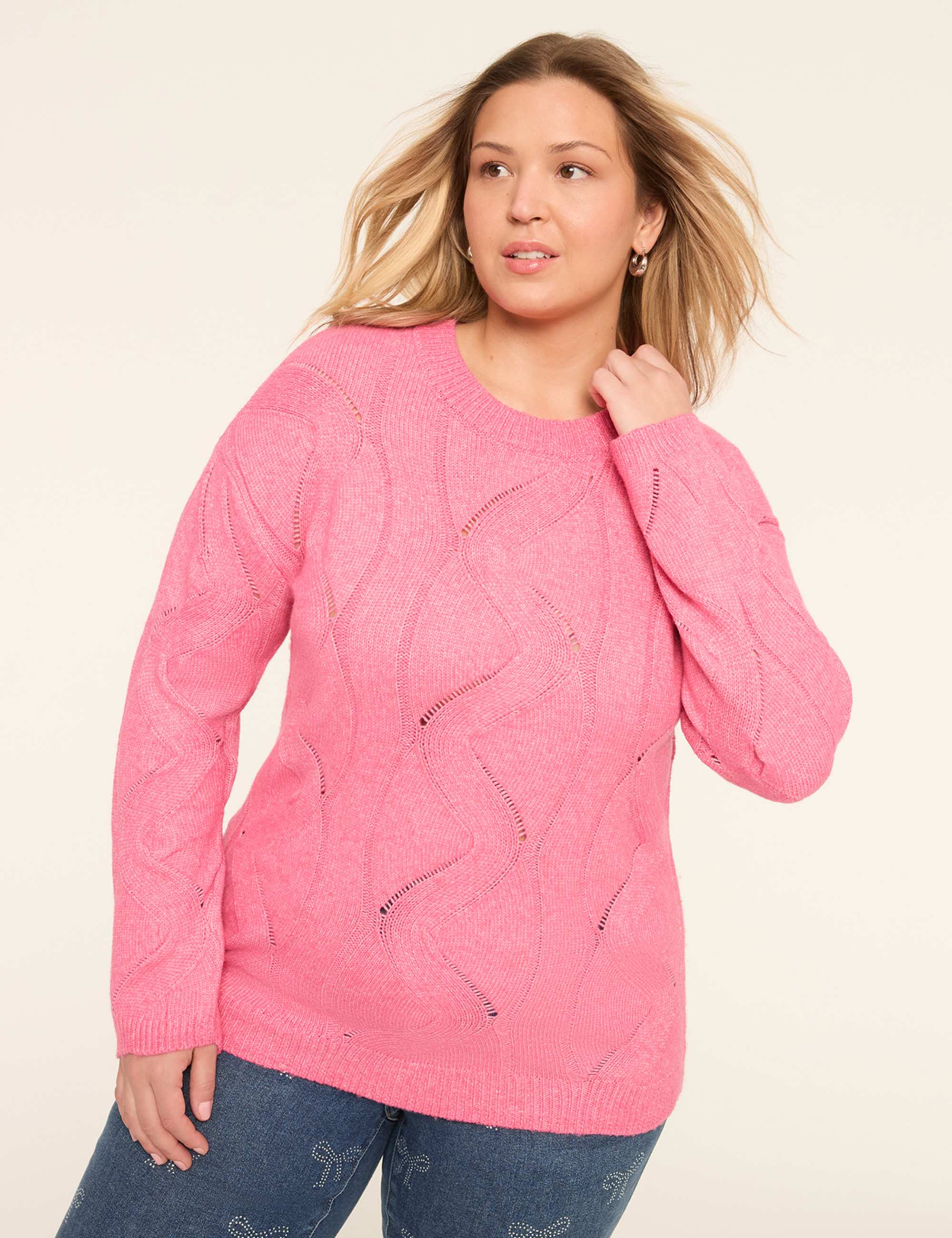 Relaxed Pointelle-Stitch Pullover Sweater