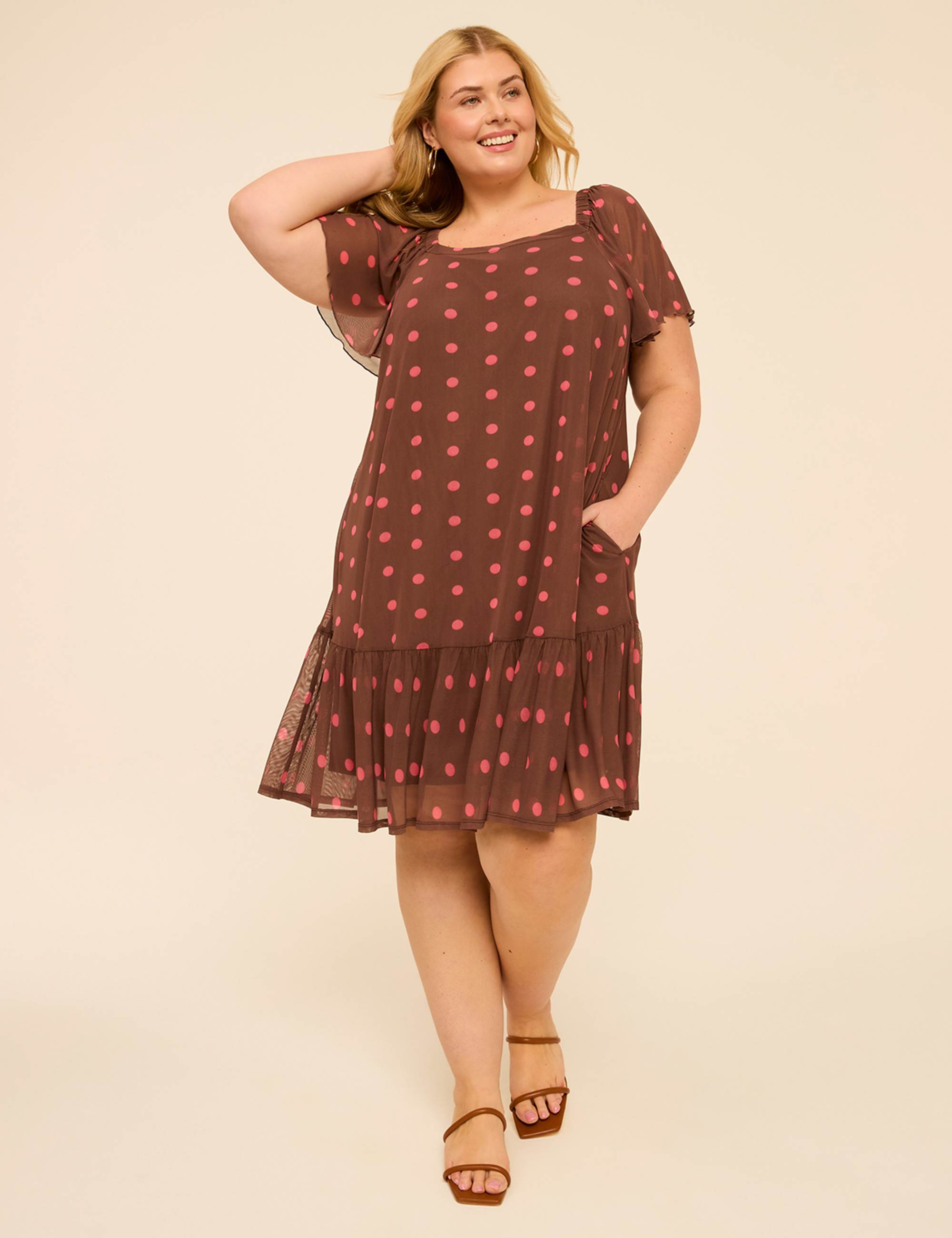 Flutter-Sleeve Open-Neck Swing Dress