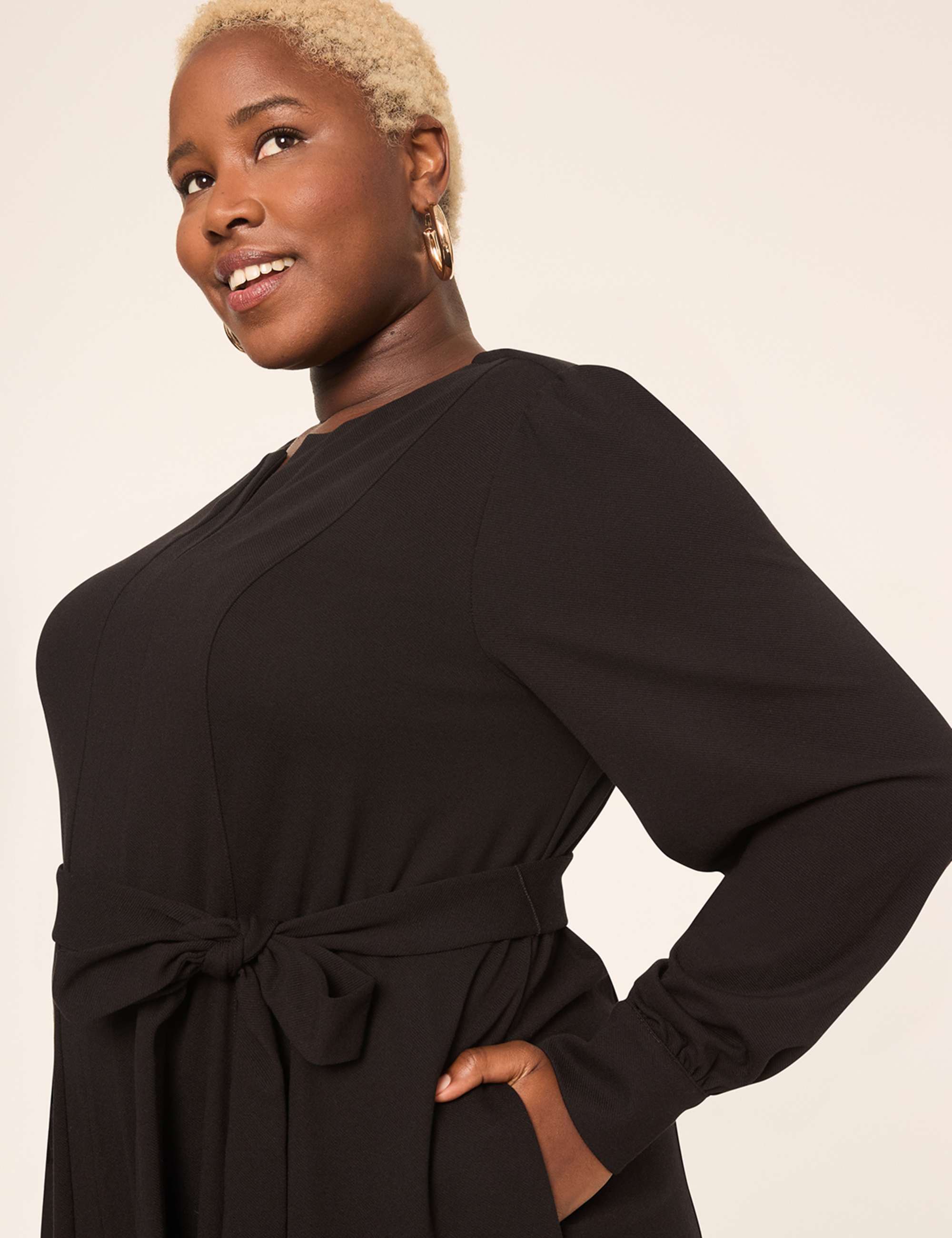 Ponte Twill Tie-Waist Long-Sleeve Dress