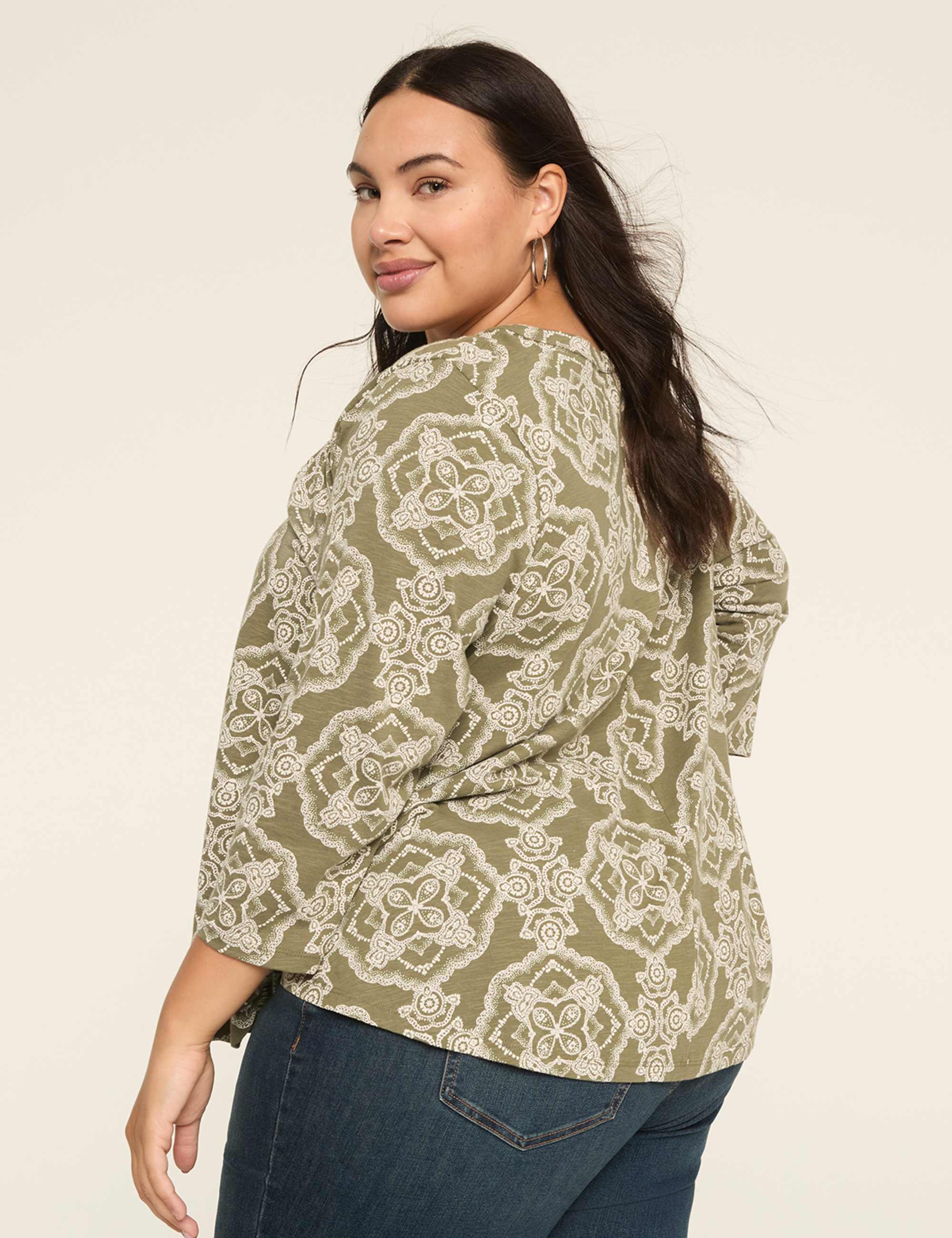 3/4-Sleeve Notch-Neck Top