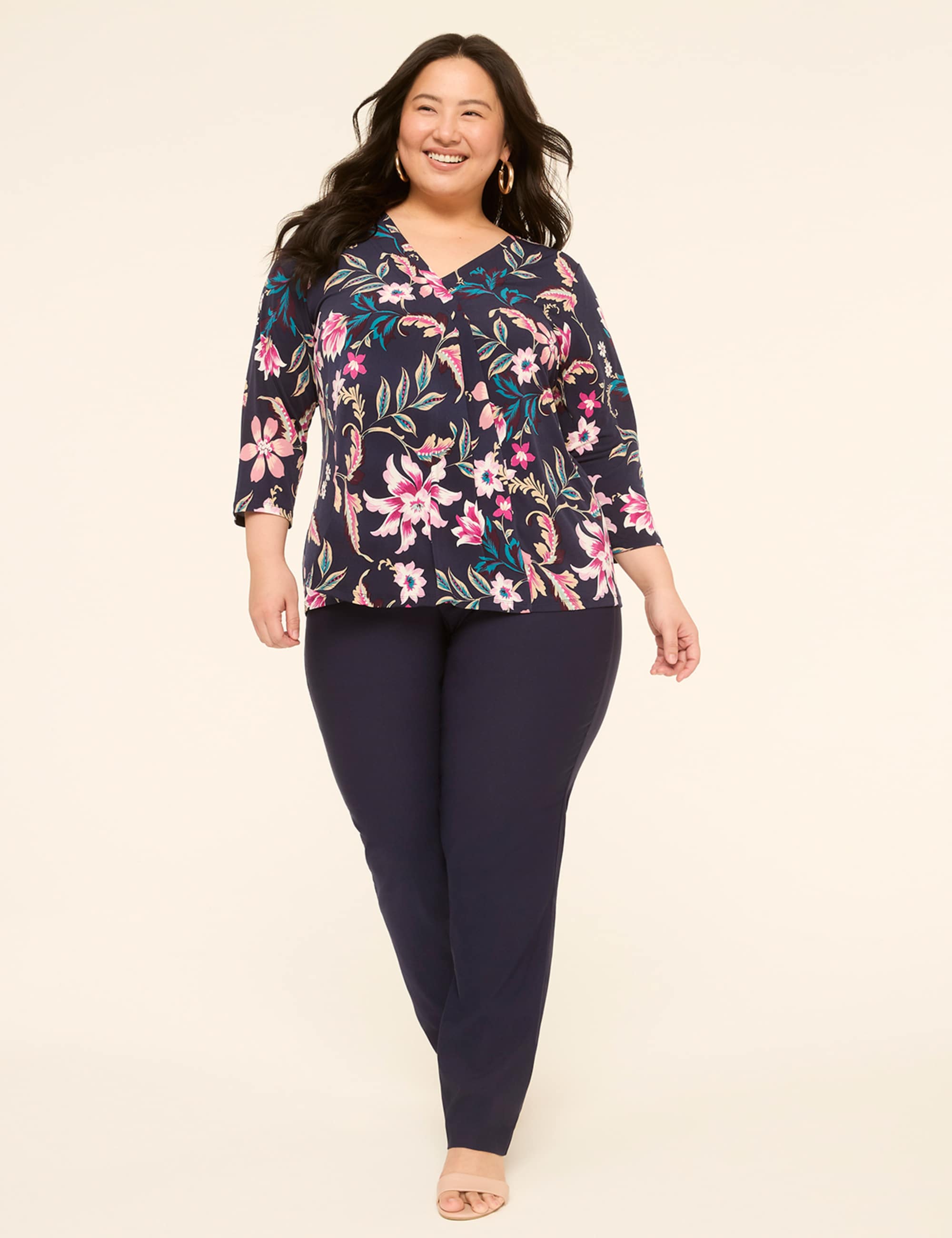 Swing 3/4-Sleeve Pleat-Front Top