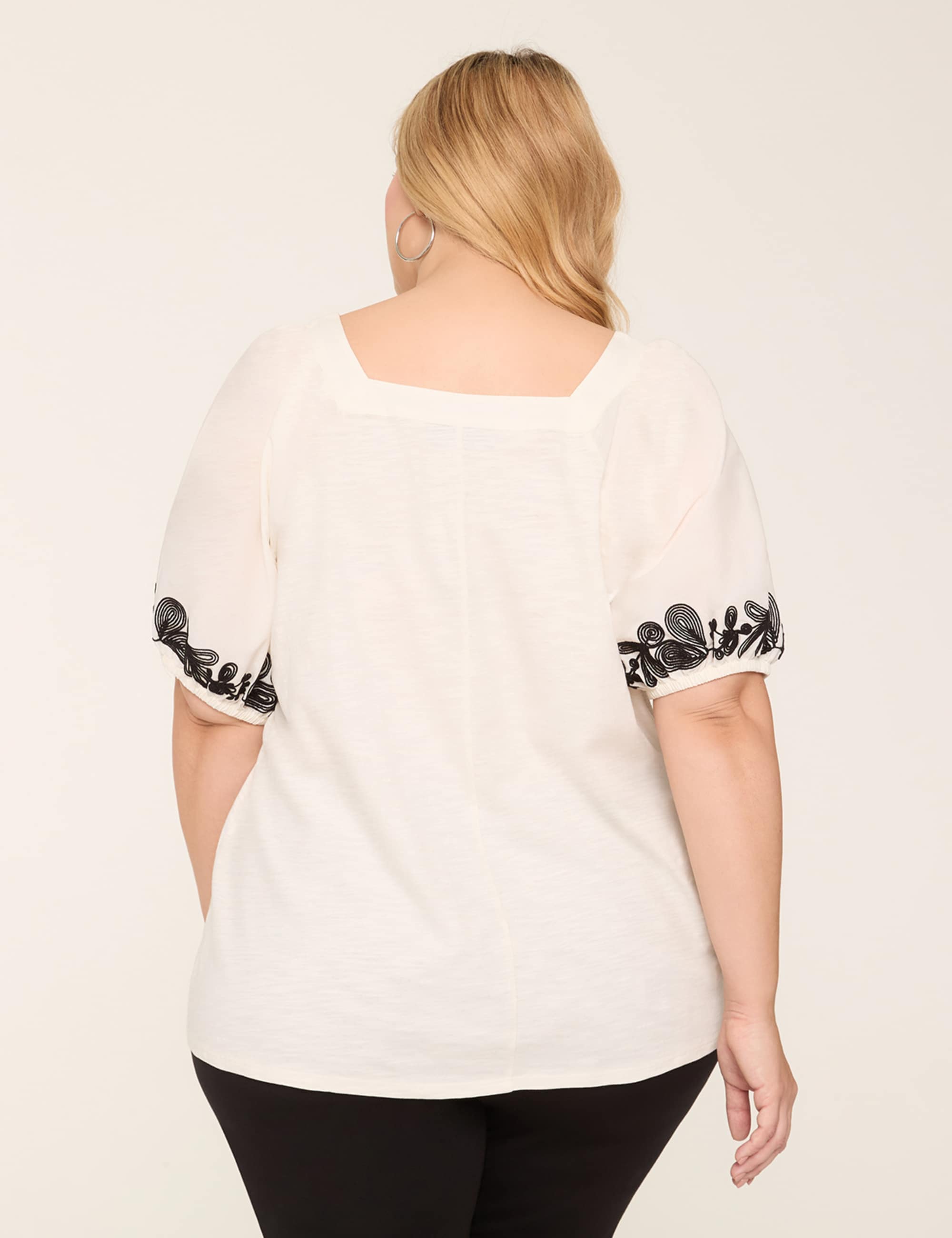 Embroidered Puff-Sleeve Square-Neck Top