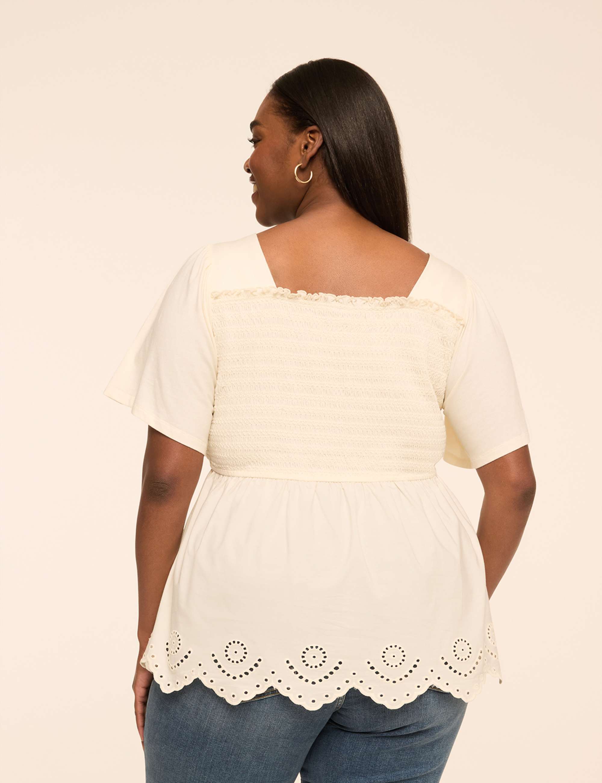Smocked-Bodice Eyelet-Hem Peplum Top