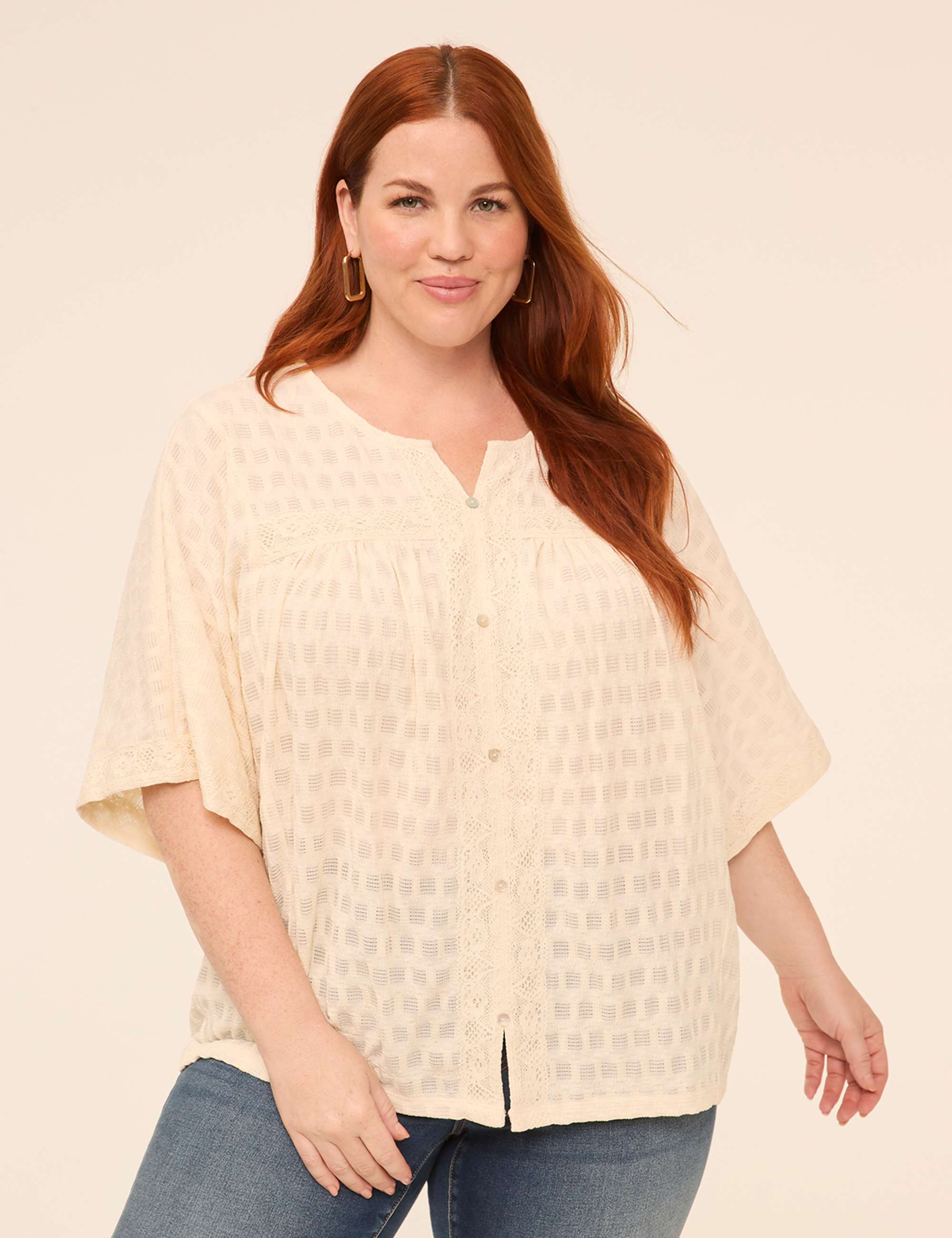 Button-Front Lace-Trim Top